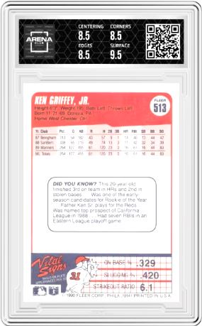1990 Fleer Ken Griffey Jr #513 Baseball Arena Club 9