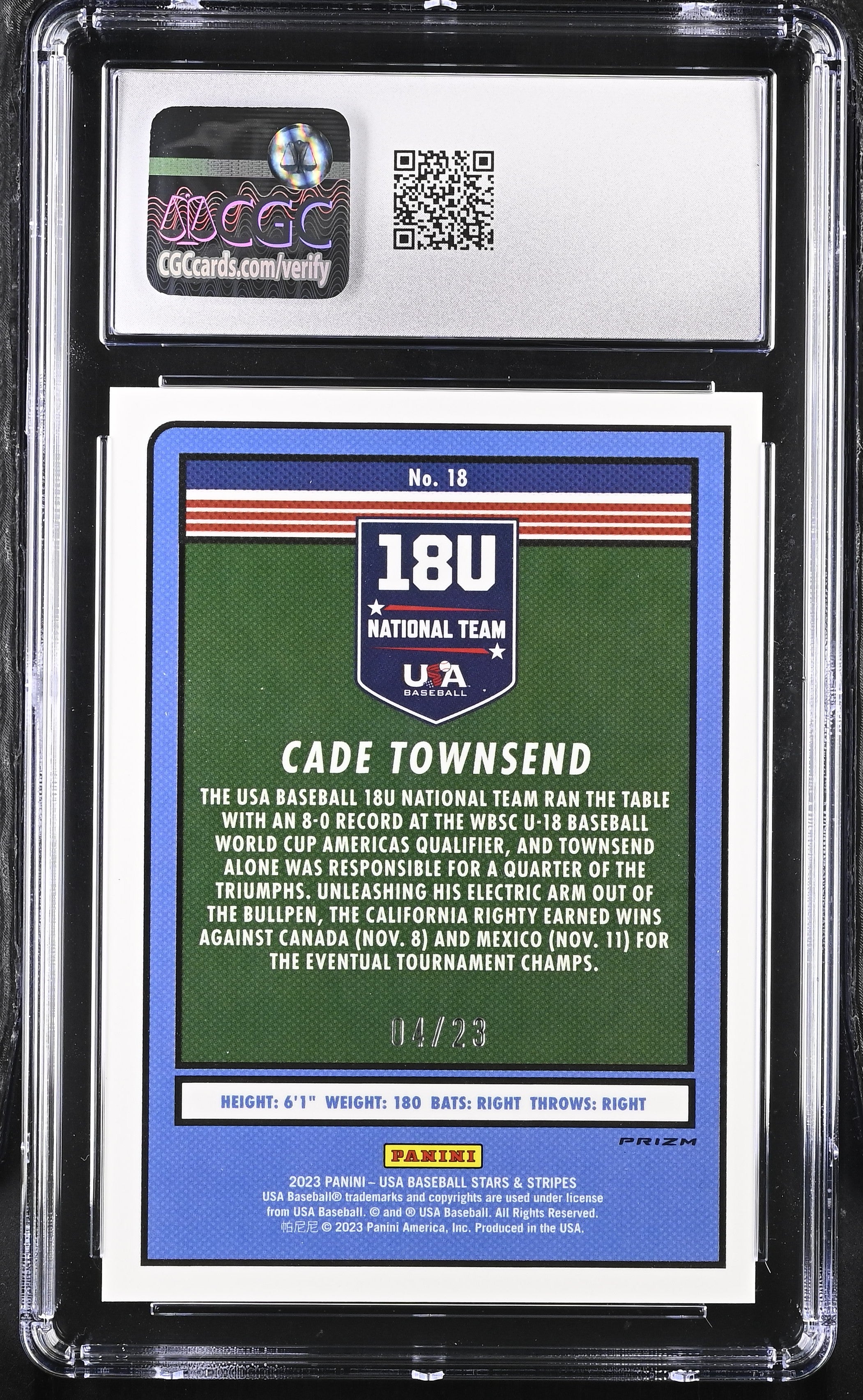 2023 Stars & Stripes Cade Townsend #18 Crystals 04/23 Baseball CGC 10