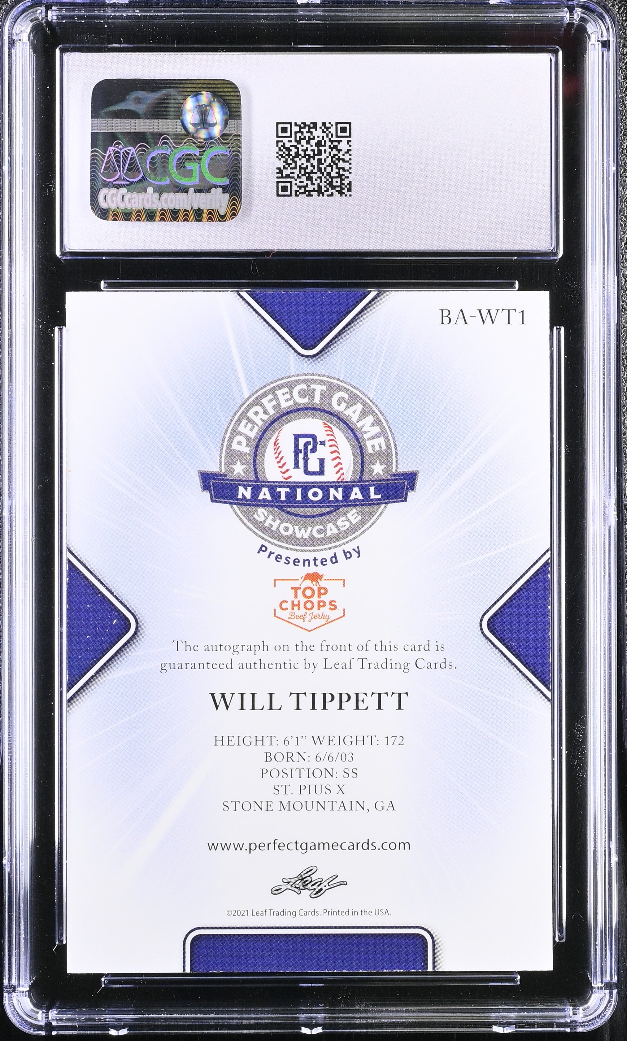 2021 Perfect Game Showcase Will Tippett #BA-WT1 Black Auto 38/50 CGC 10