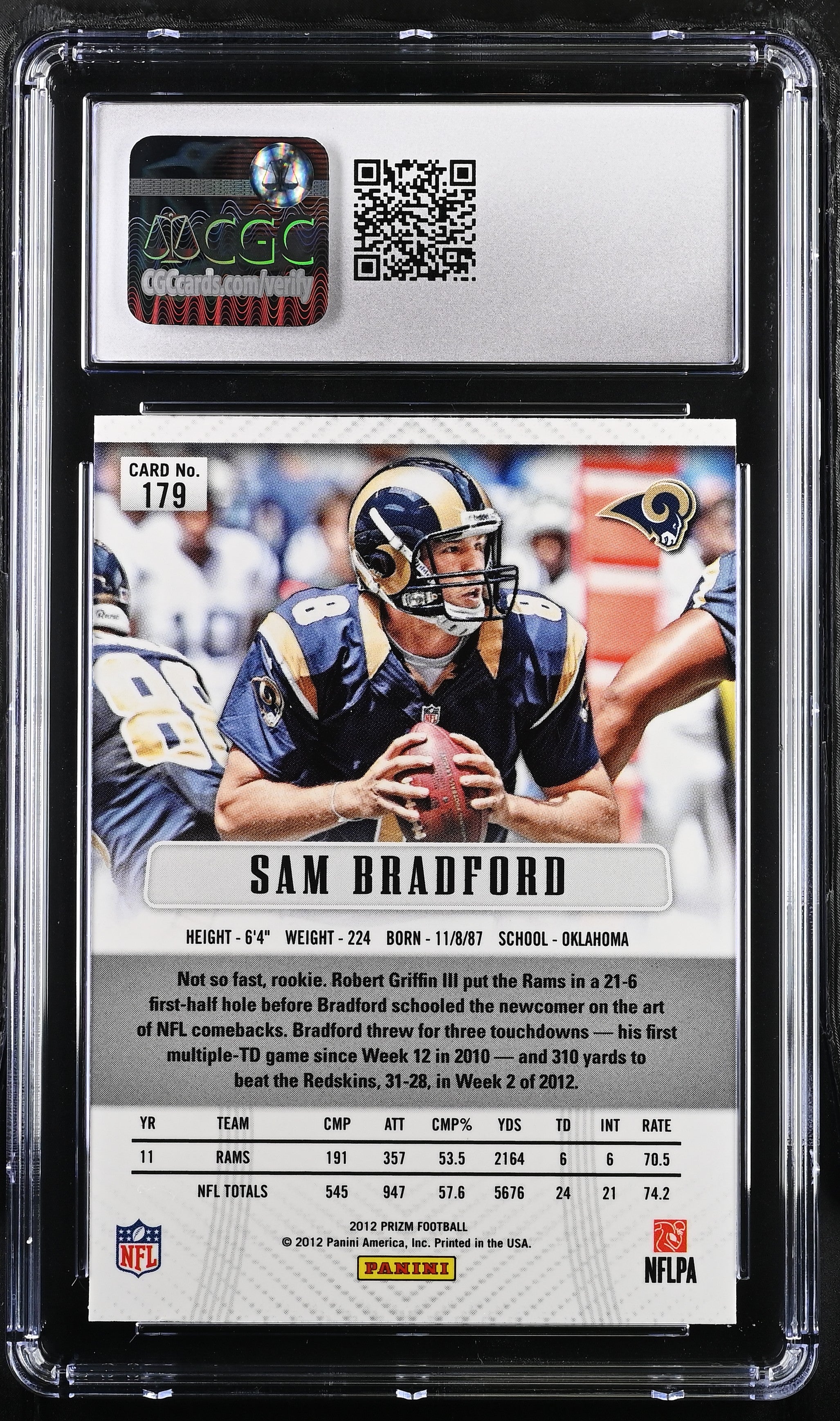 2012 Prizm Sam Bradford #179 Football CGC 9