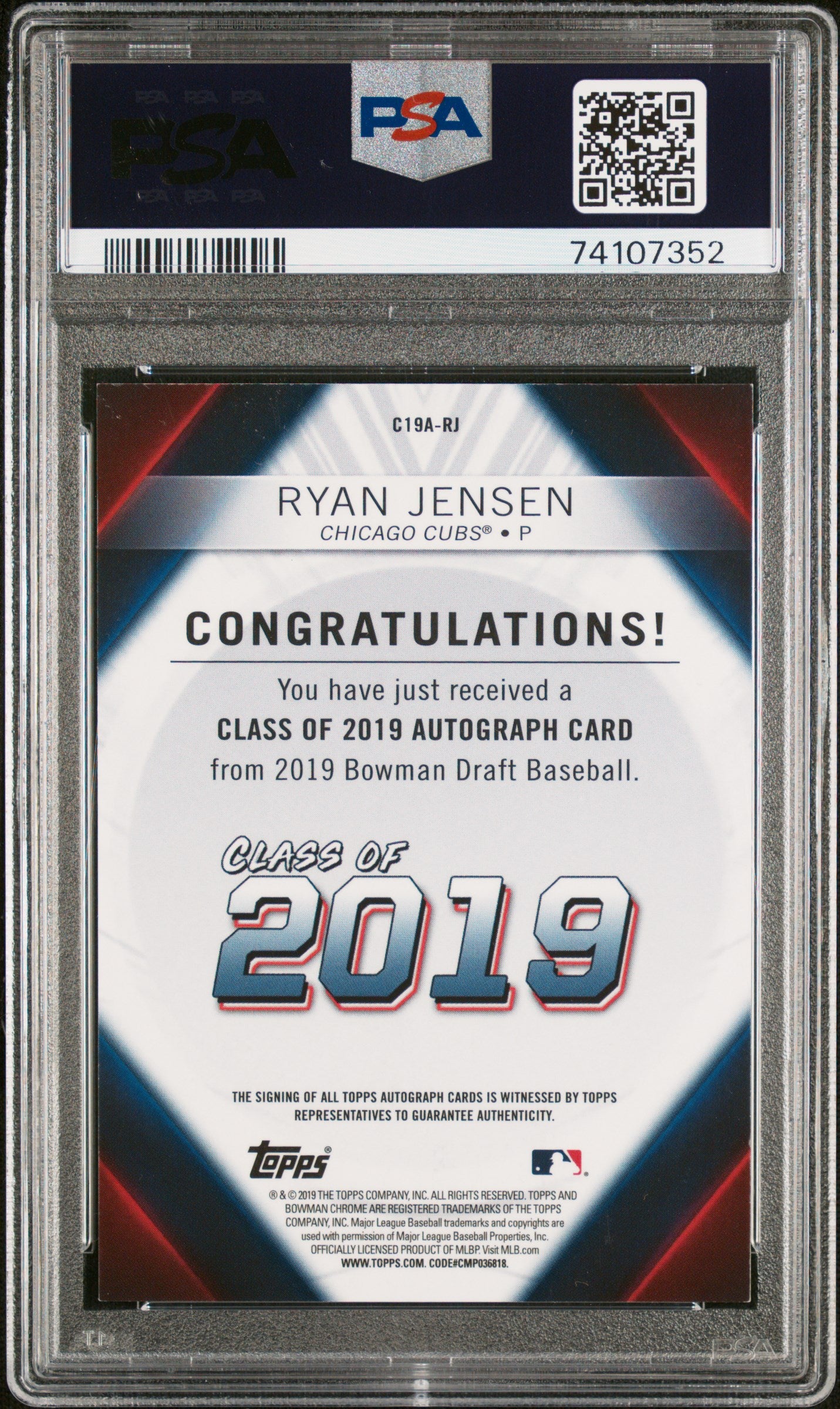 2019 Bowman Draft Class Of 2019 Autographs Ryan Jensen #RJ 088/250 PSA 9