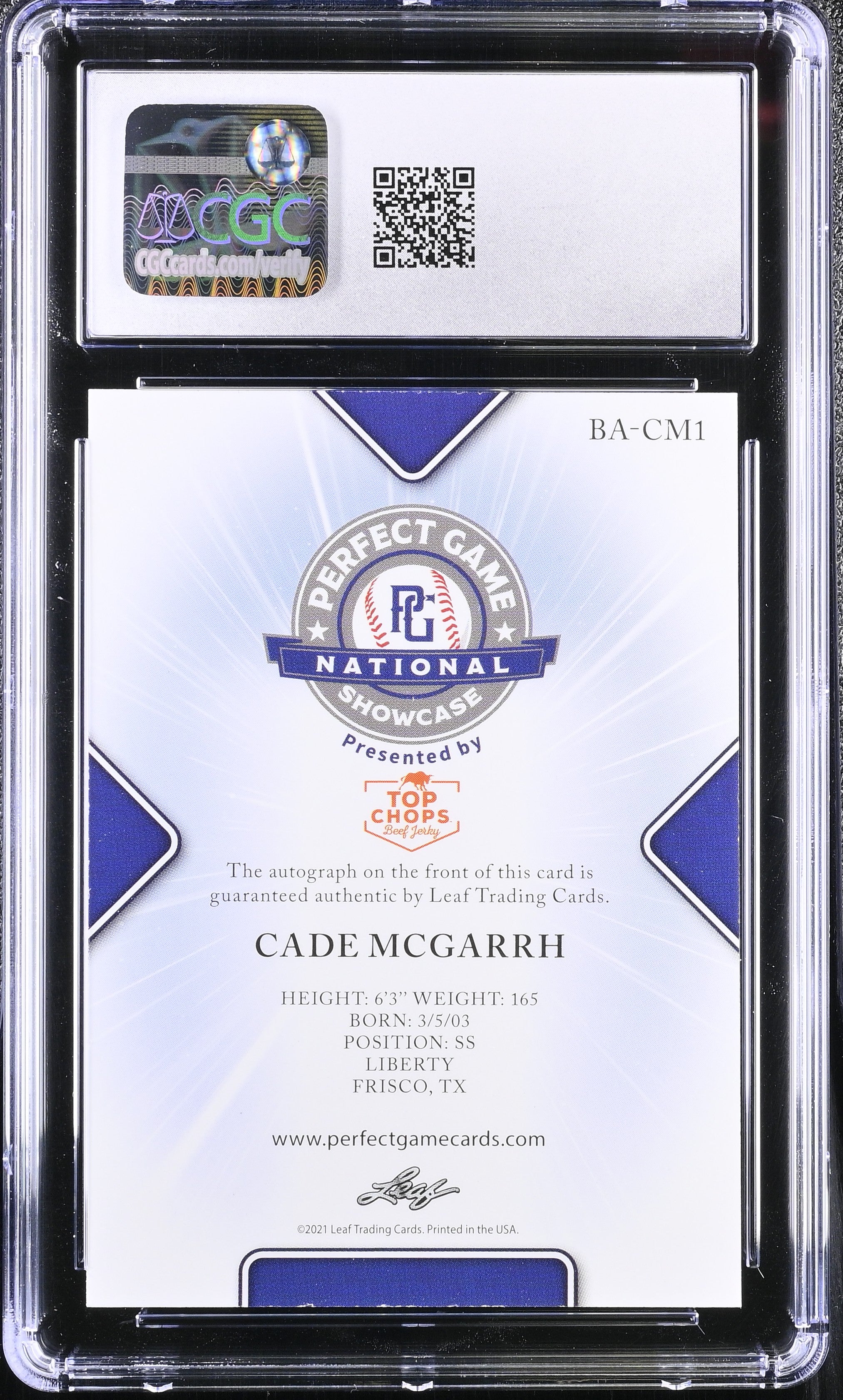 2021 Perfect Game Showcase Cade McGarrh #BA-CM1 Orange 30/30 Baseball CGC 9