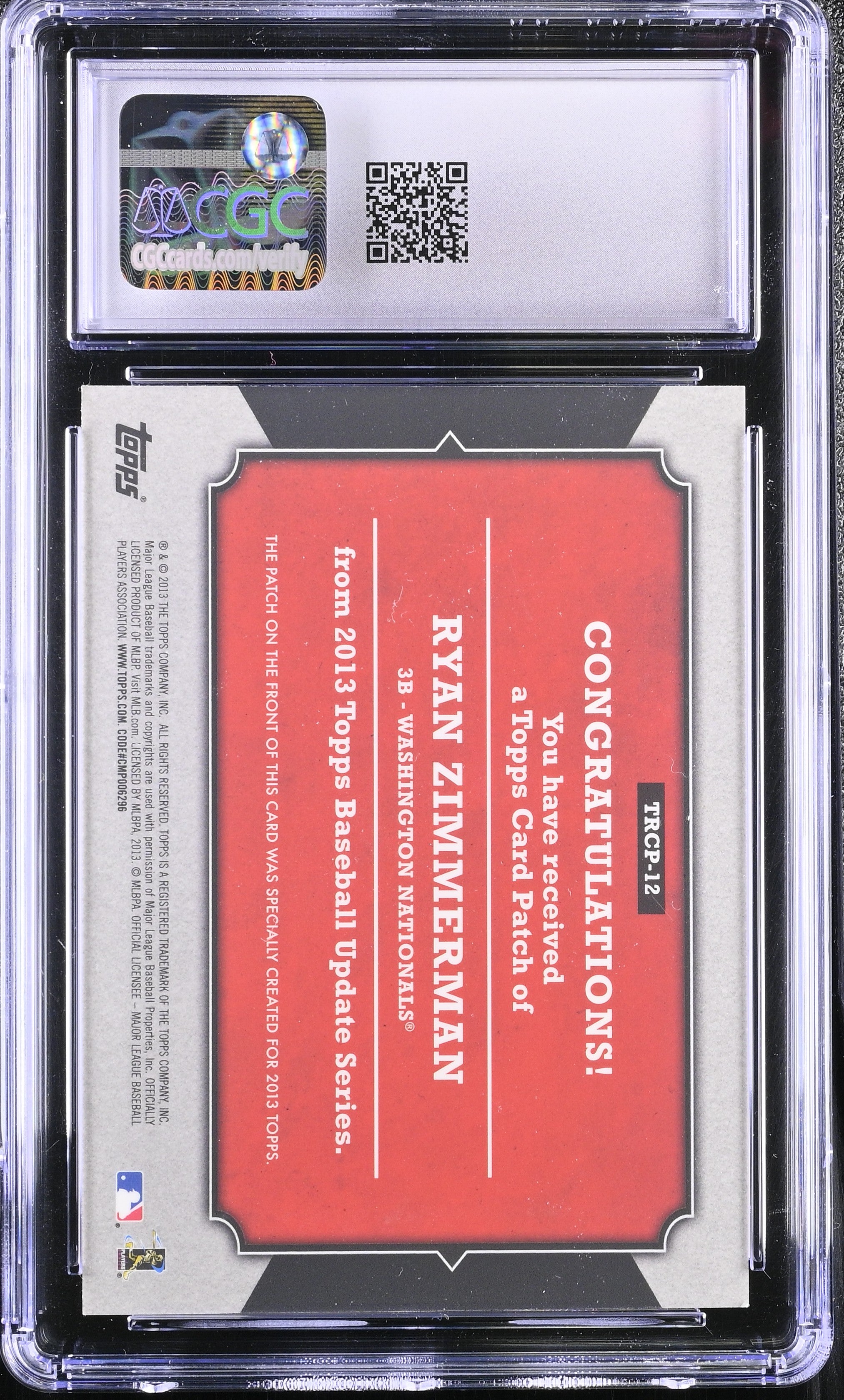 2013 Update Ryan Zimmerman #TRCP-12 Rookie Commemorative Patch Baseball CGC 8