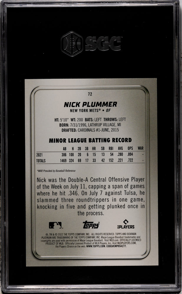 2022 Bowman Platinum Nick Plummer #72 Blue 27/150 Baseball SGC 10