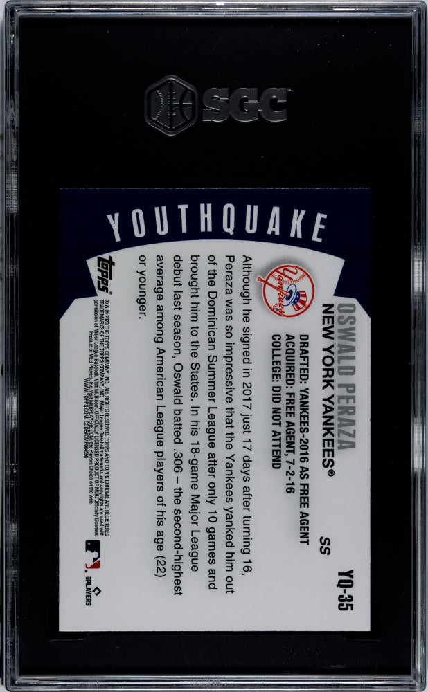 2023 Topps Chrome Oswald Peraza #YQ-35 Youthquake Baseball SGC 10