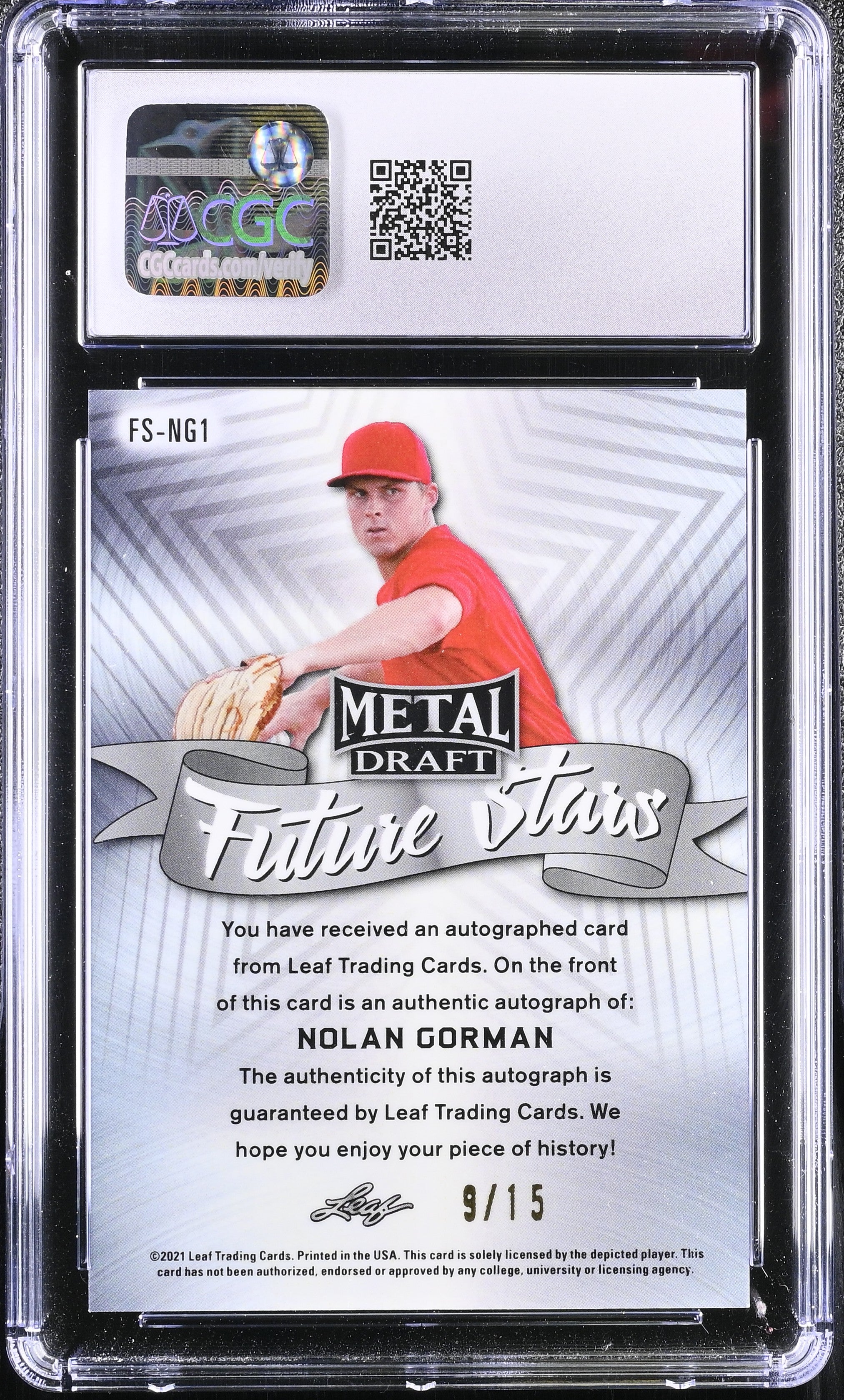 2021 Metal Draft Nolan Gorman #FS-NG1 Black Rainbow 9/15 Baseball CGC 10