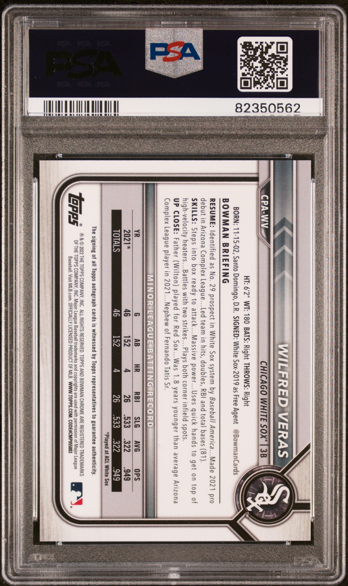 2022 Bowman Chrome Prospect Autographs Wilfred Veras #CPAWV Baseball PSA 10