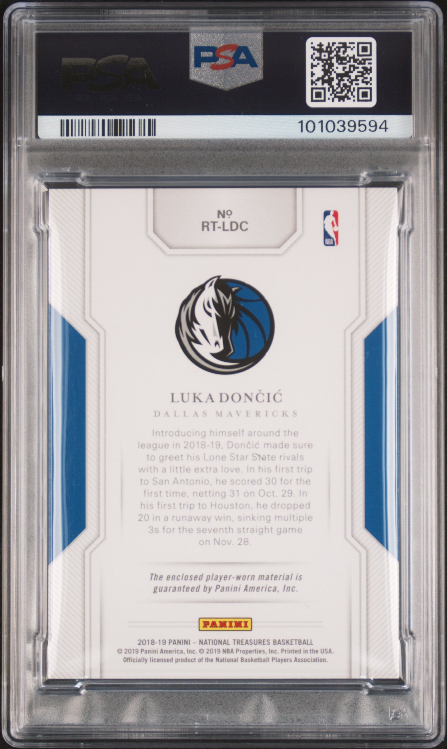 2018 Panini National Treasures Rookie Triple Materials Luka Doncic 56/99 PSA 9