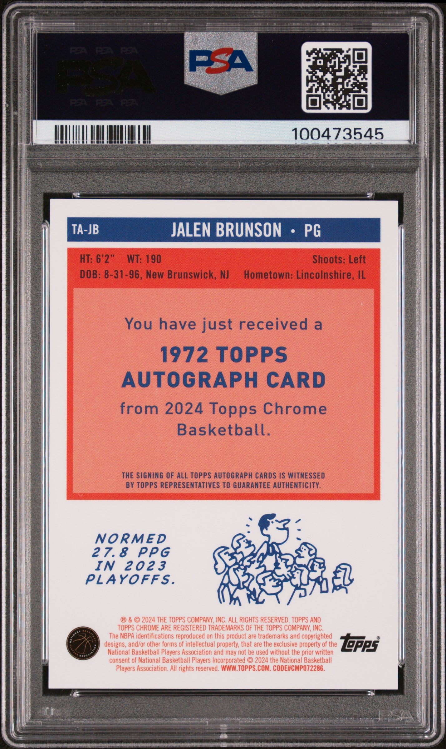 2023 Topps Chrome 1972 Topps Autographs Jalen Brunson #TAJB Red Geo PSA 10