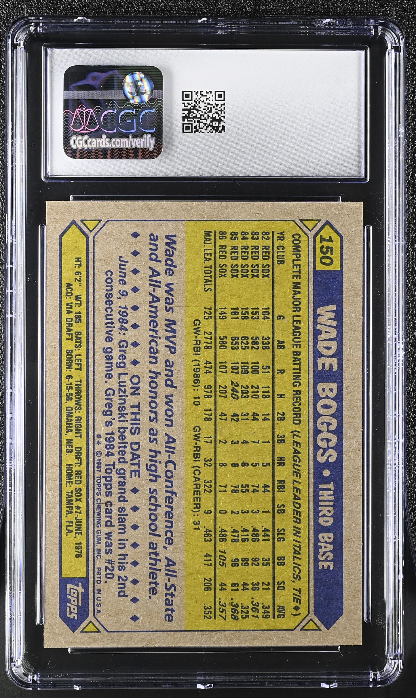1987 Topps Wade Boggs #150 Baseball CGC 9