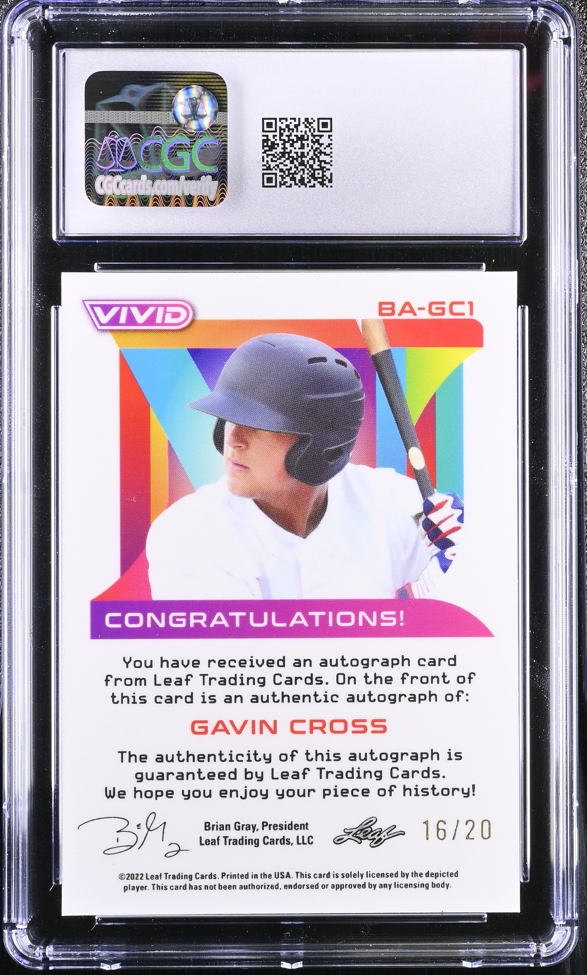 2022 Vivid Gavin Cross #BA-GC1 Black Auto 16/20 Baseball CGC 9