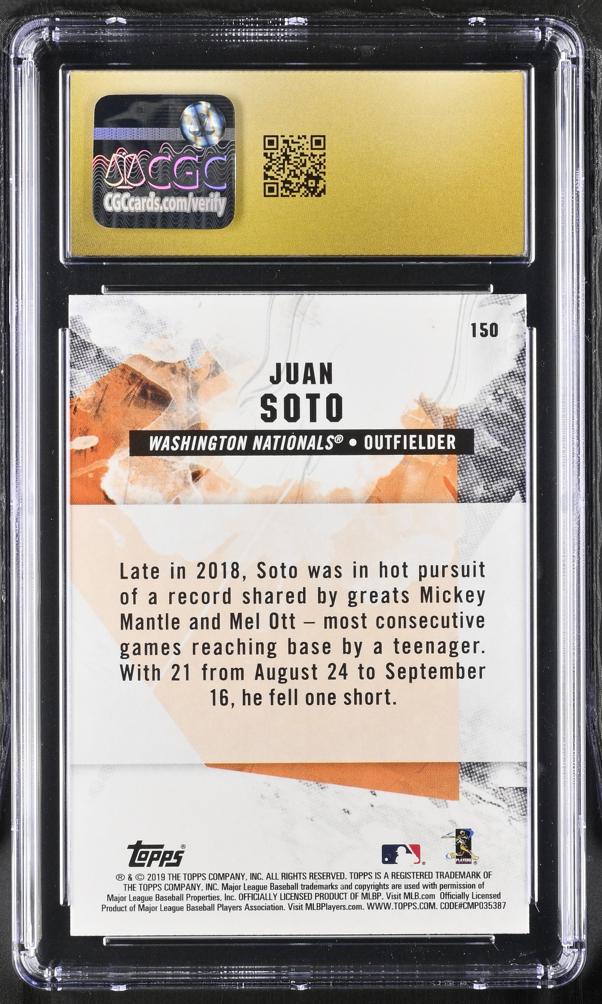 2019 Topps Fire Juan Soto #150 Baseball CGC Pristine 10