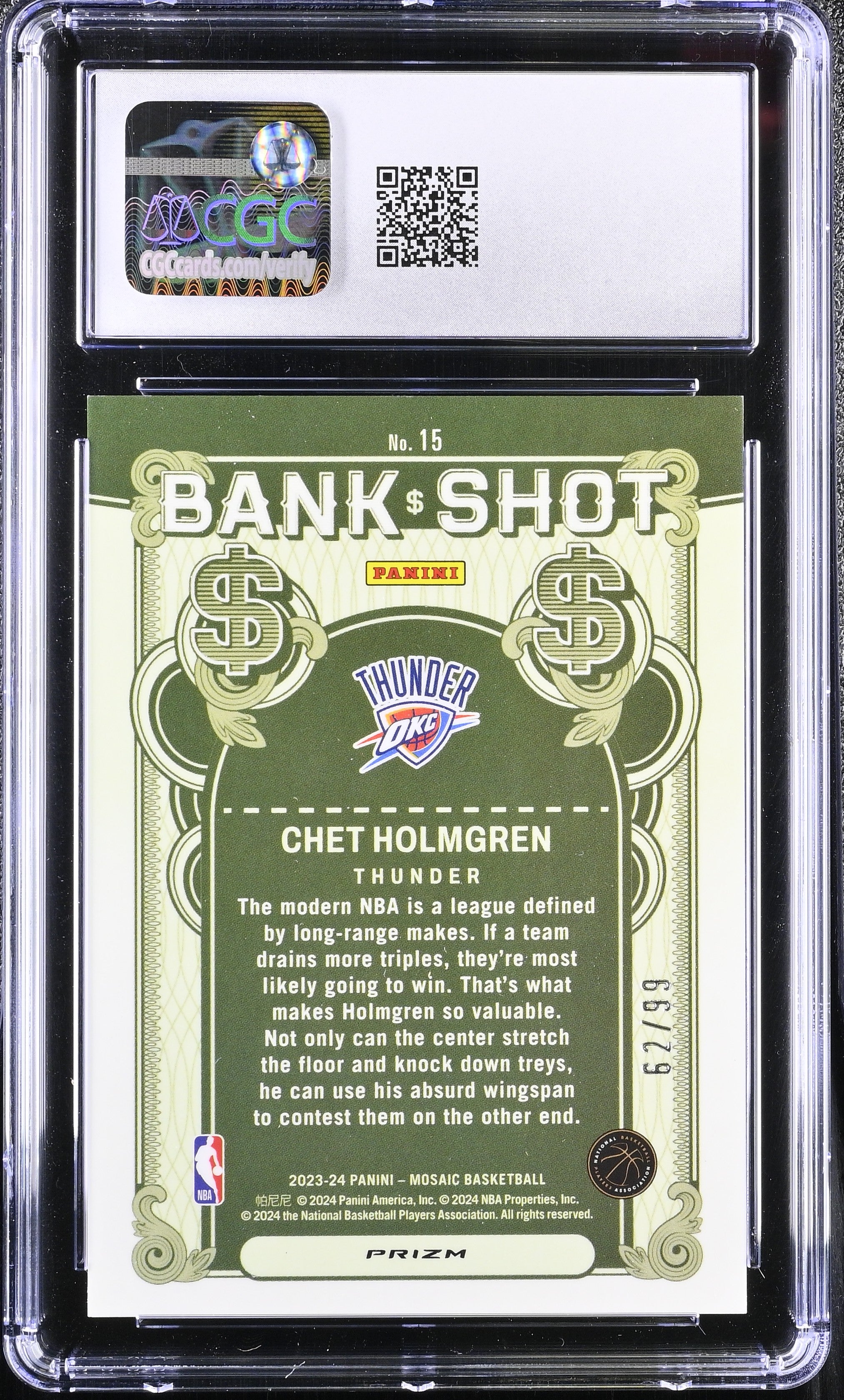 2023 Mosaic Chet Holmgren #15 Purple Bank Shot 62/99 Basketball CGC 10