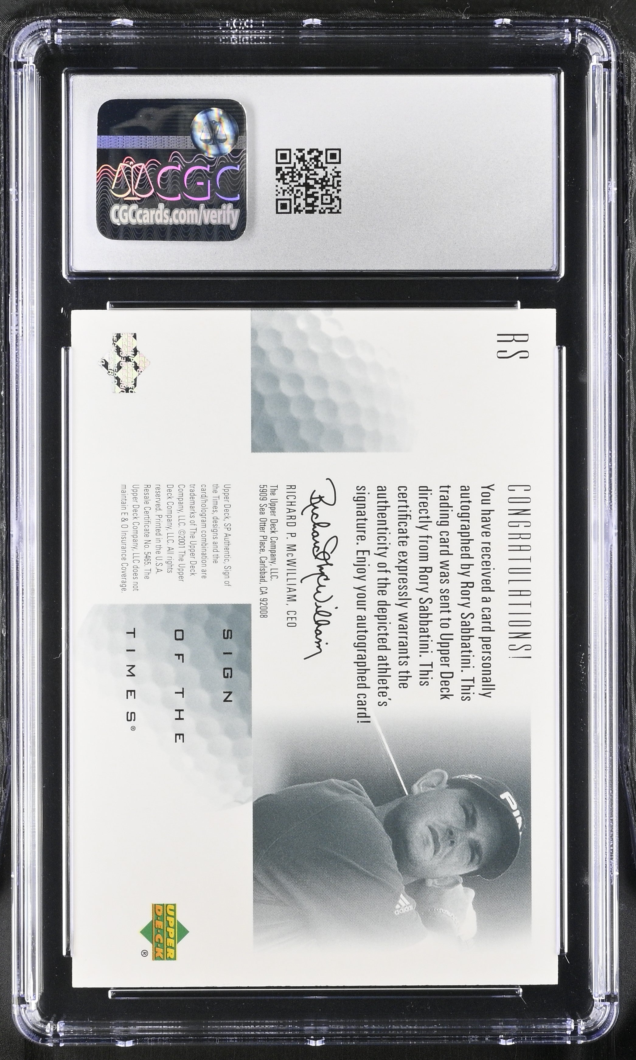 2001 SP Authentic Rory Sabbatini #RS Golf CGC 9 Auto 10