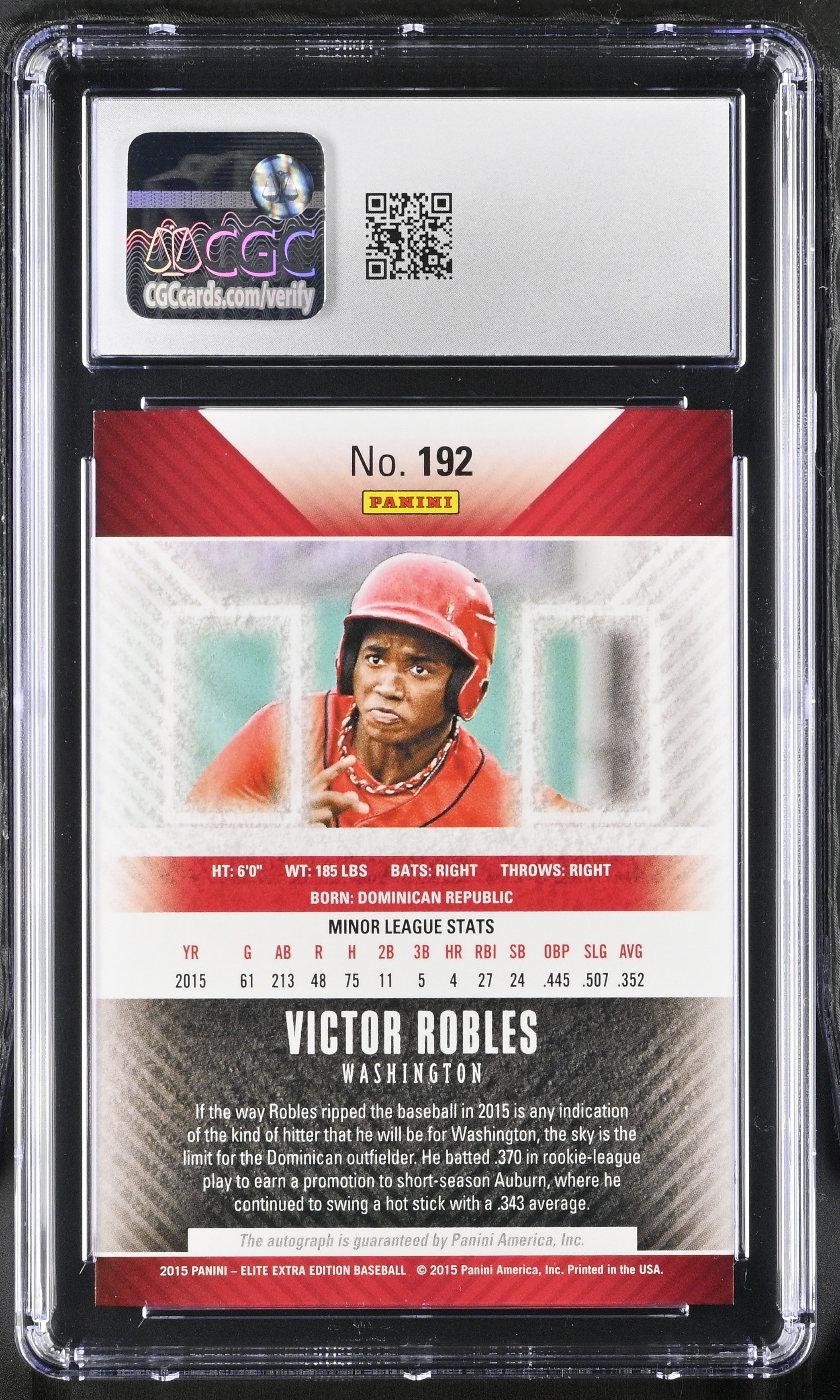 2015 Panini Elite Extra Victor Robles #192 Autographed Prospects CGC 9.5