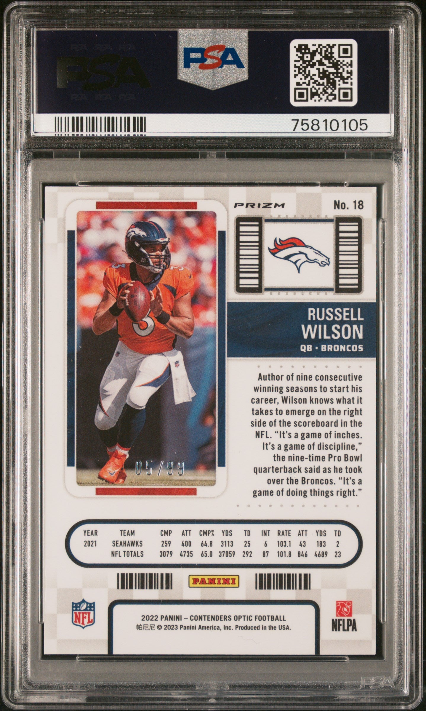 2022 Panini Contenders Optic Russell Wilson #18 Blue Football PSA 9