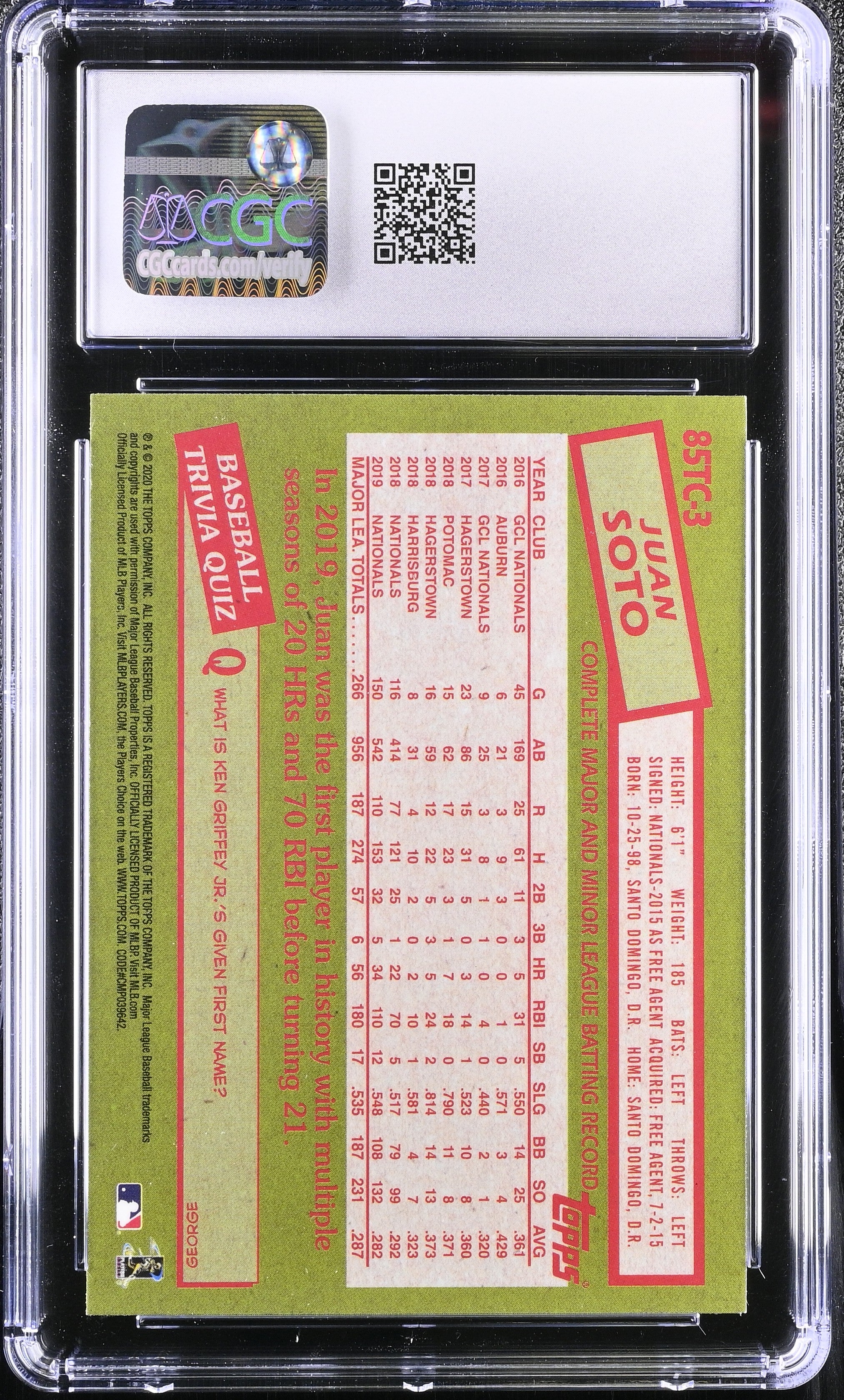 2020 Chrome Juan Soto #85TC-3 Baseball CGC 10