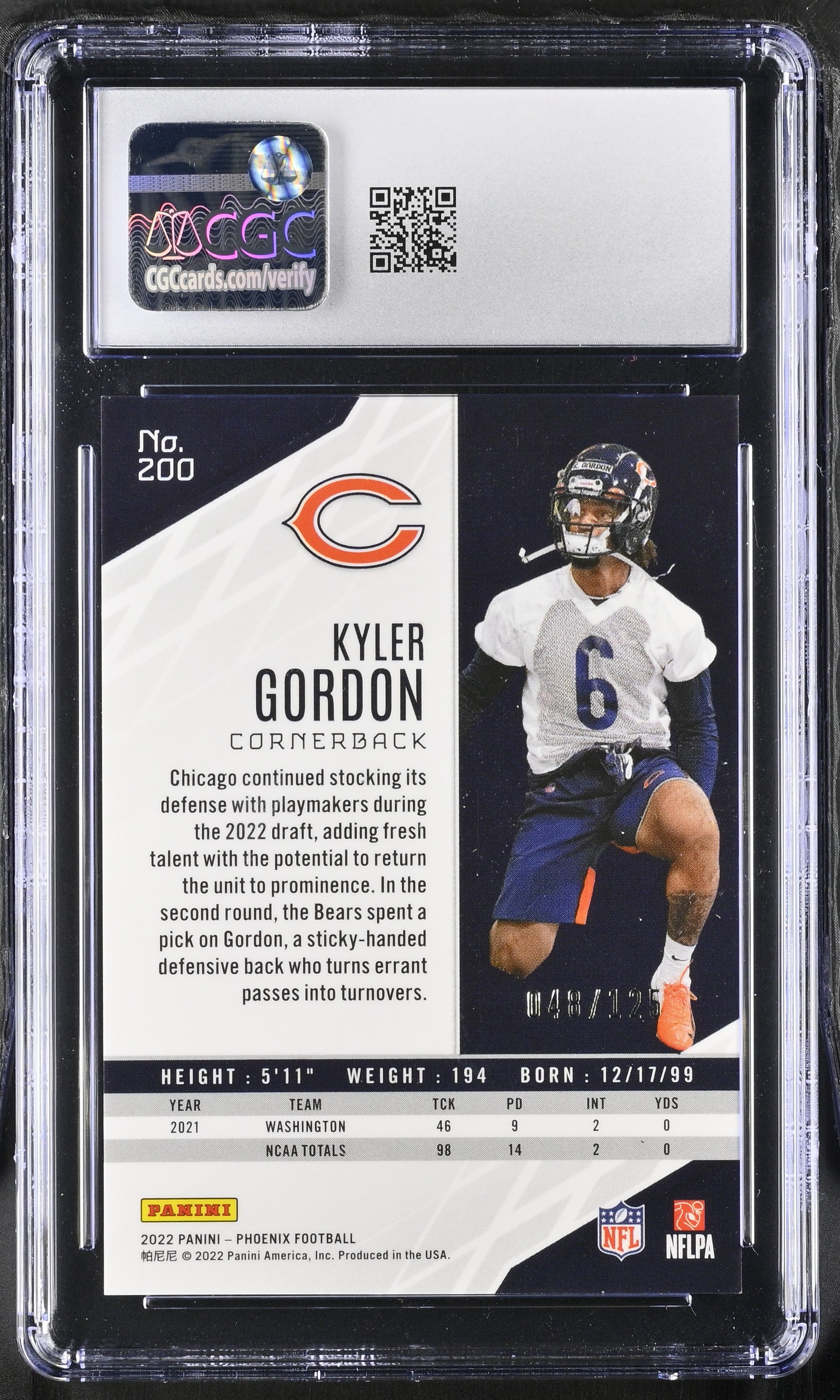 2022 Panini Phoenix Kyler Gordon #200 Purple 048/125 Football CGC 9