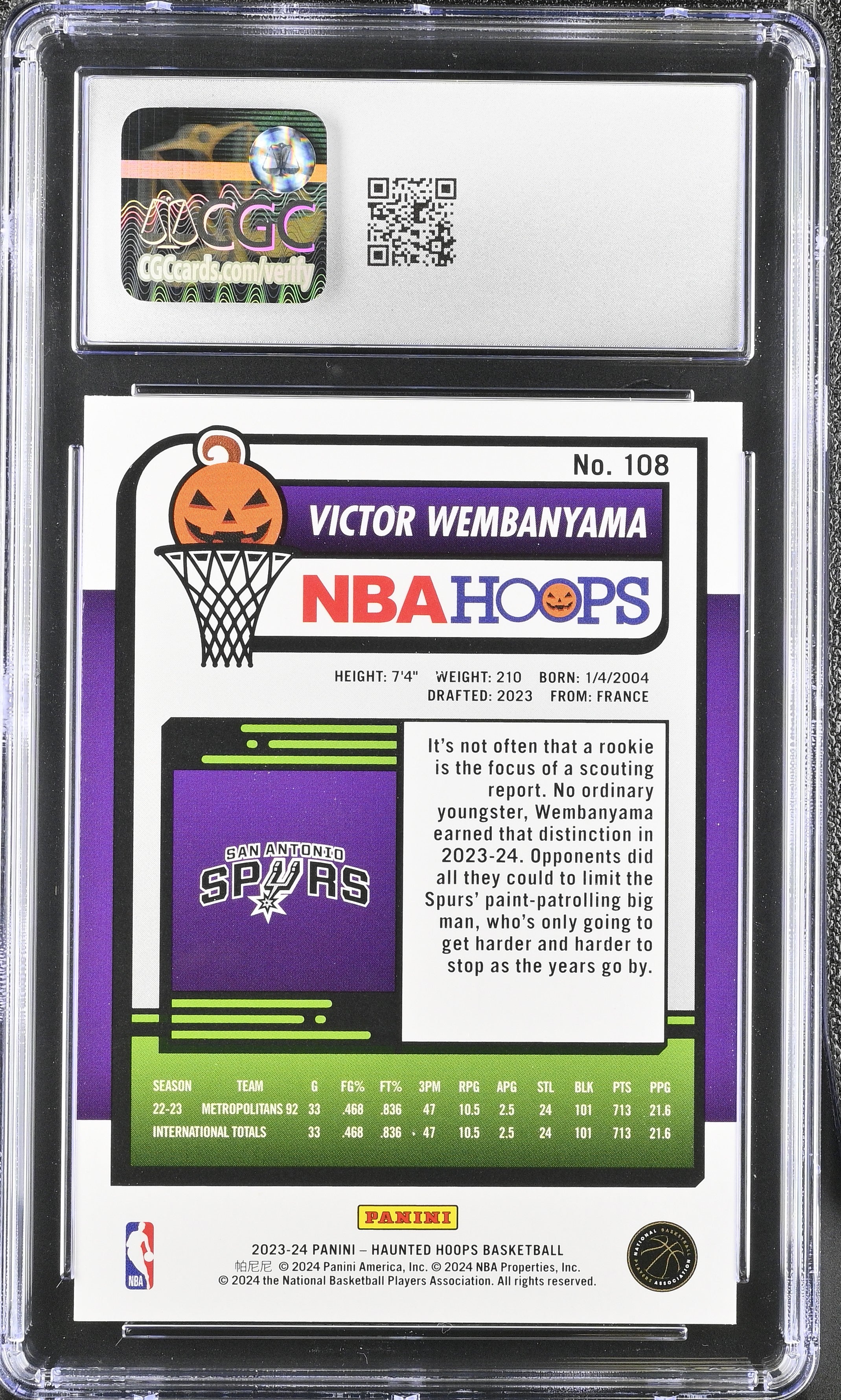 2023-24 Panini Haunted Hoops Victor Wembanyama #108 Orange Basketball CGC 10