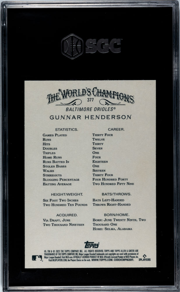 2023 Topps Allen & Ginter Gunnar Henderson #377 Baseball SGC 10