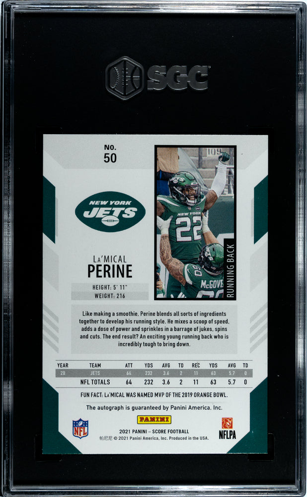 2021 Panini Score La'mical Perine #50 Autograph Football SGC 9