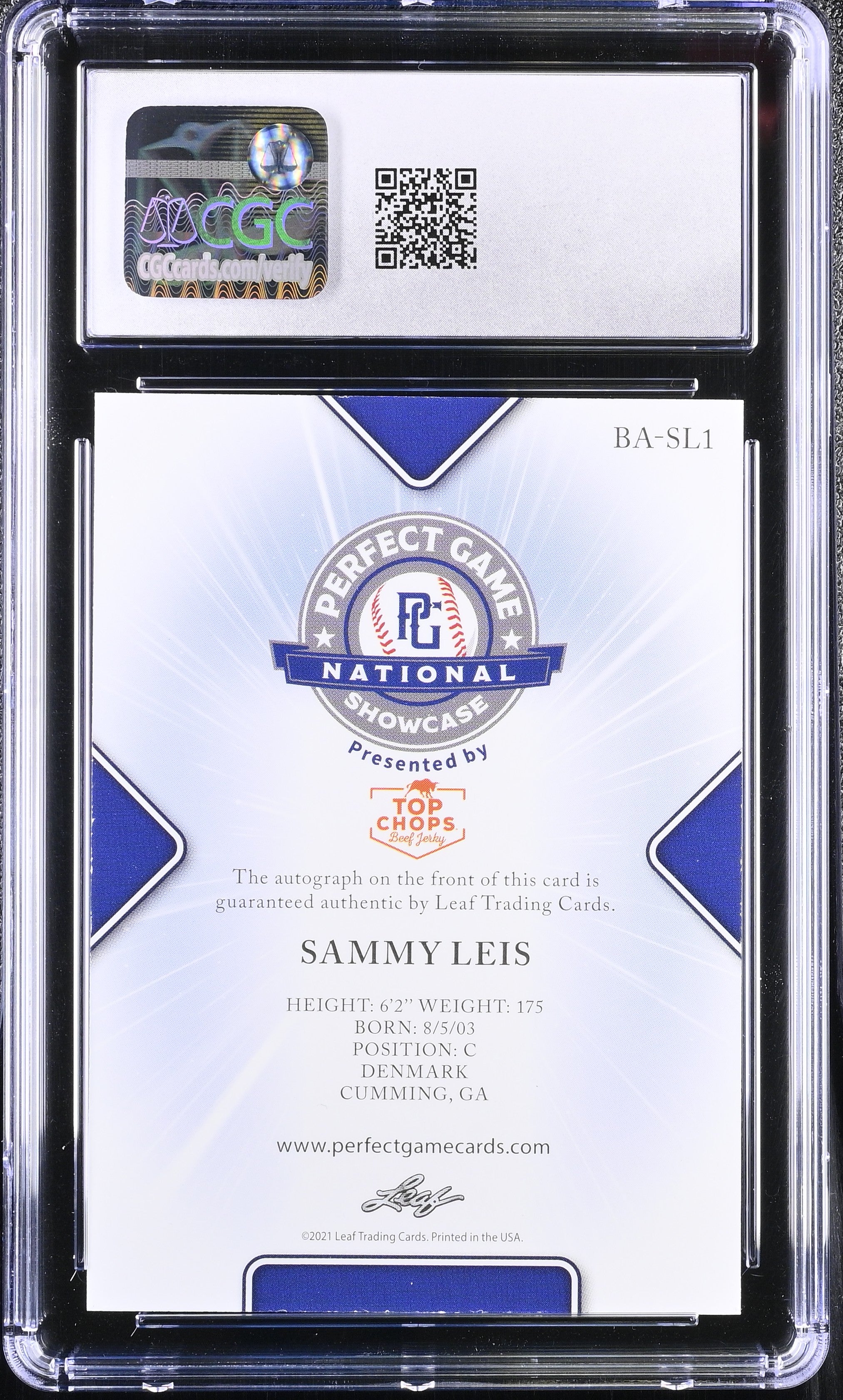 2021 Perfect Game Showcase Sammy Leis #BA-SL1 Yellow 20/20 Baseball CGC 9