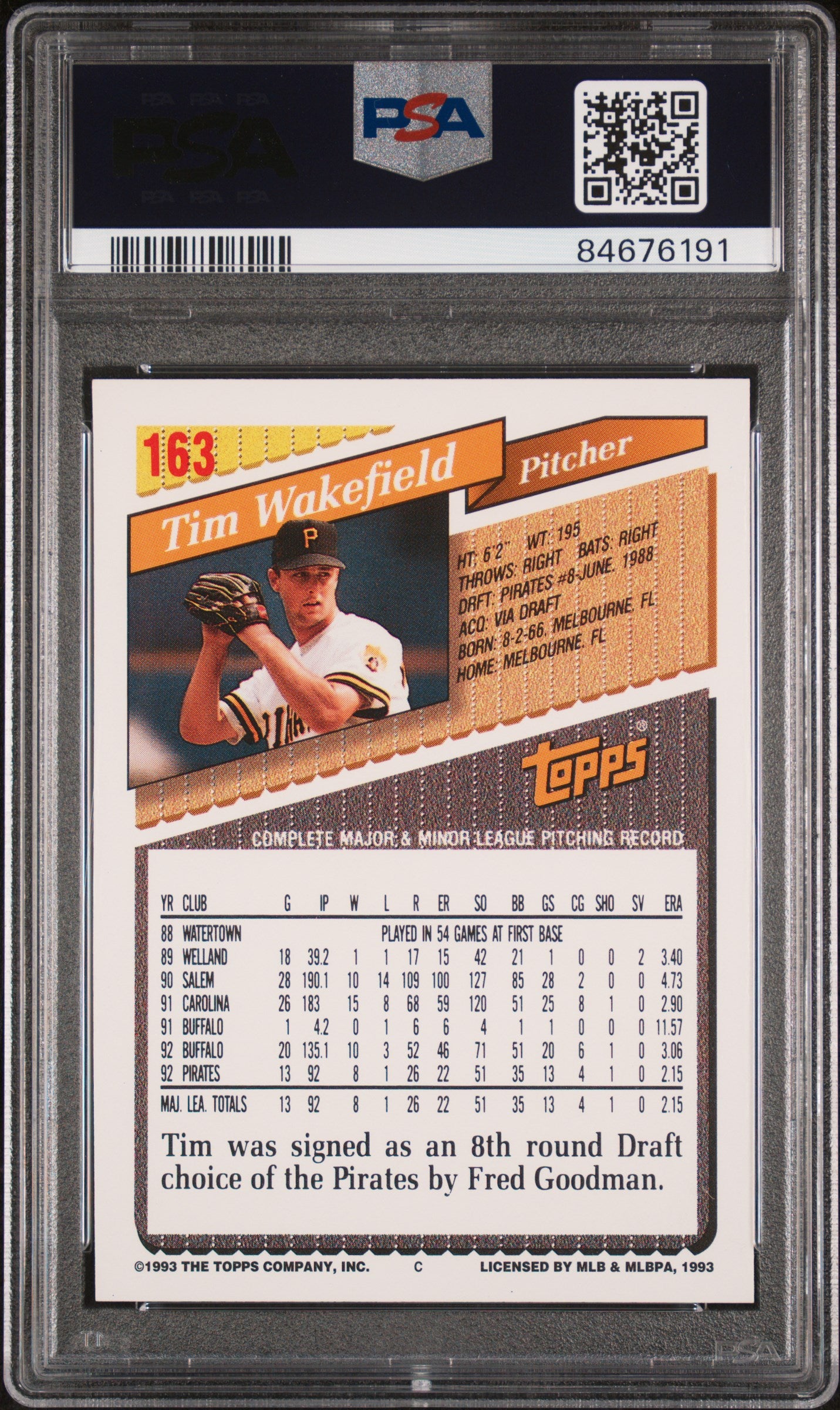 1993 Topps Tim Wakefield #163 Baseball PSA 9