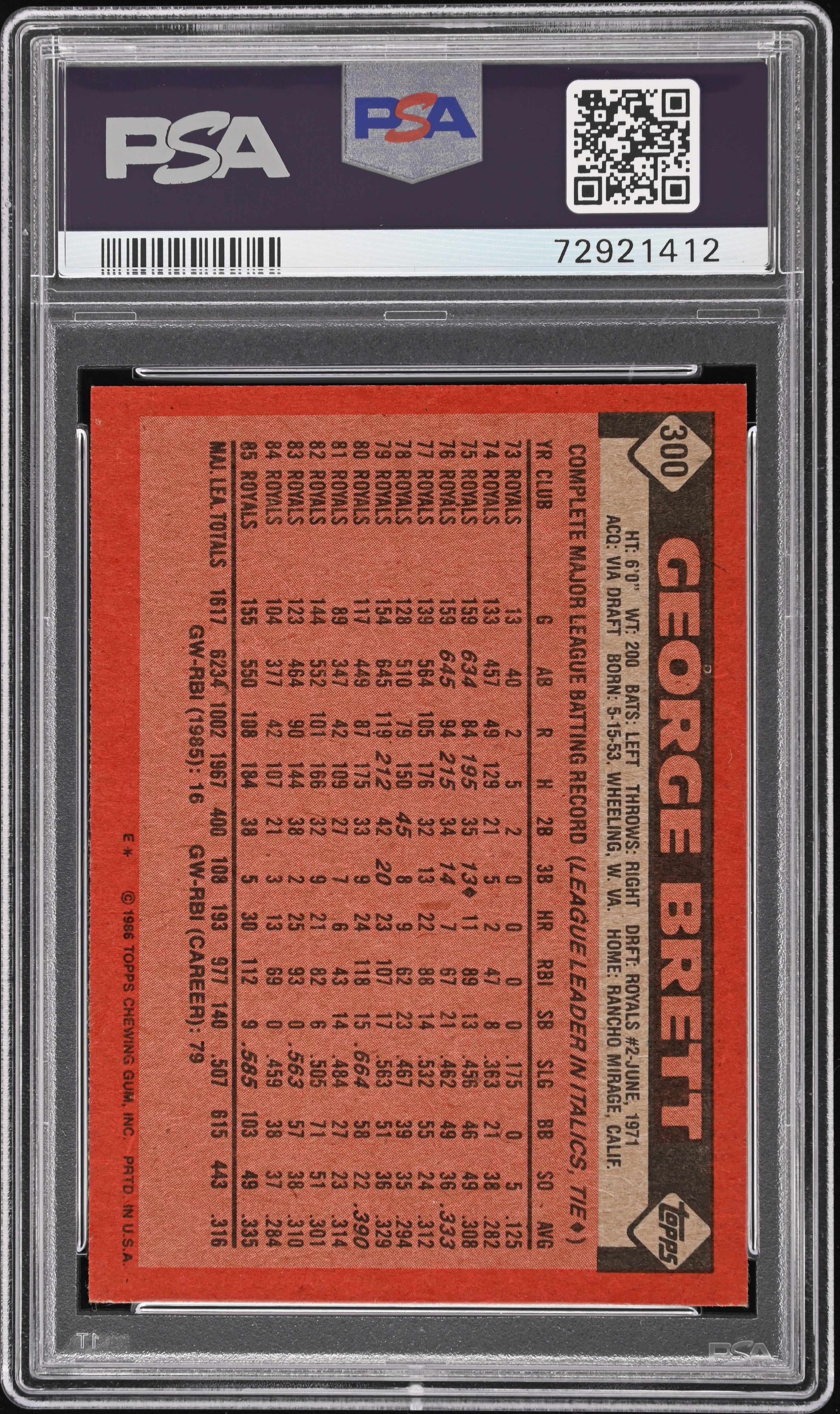 1986 Topps George Brett #300 Baseball PSA 4