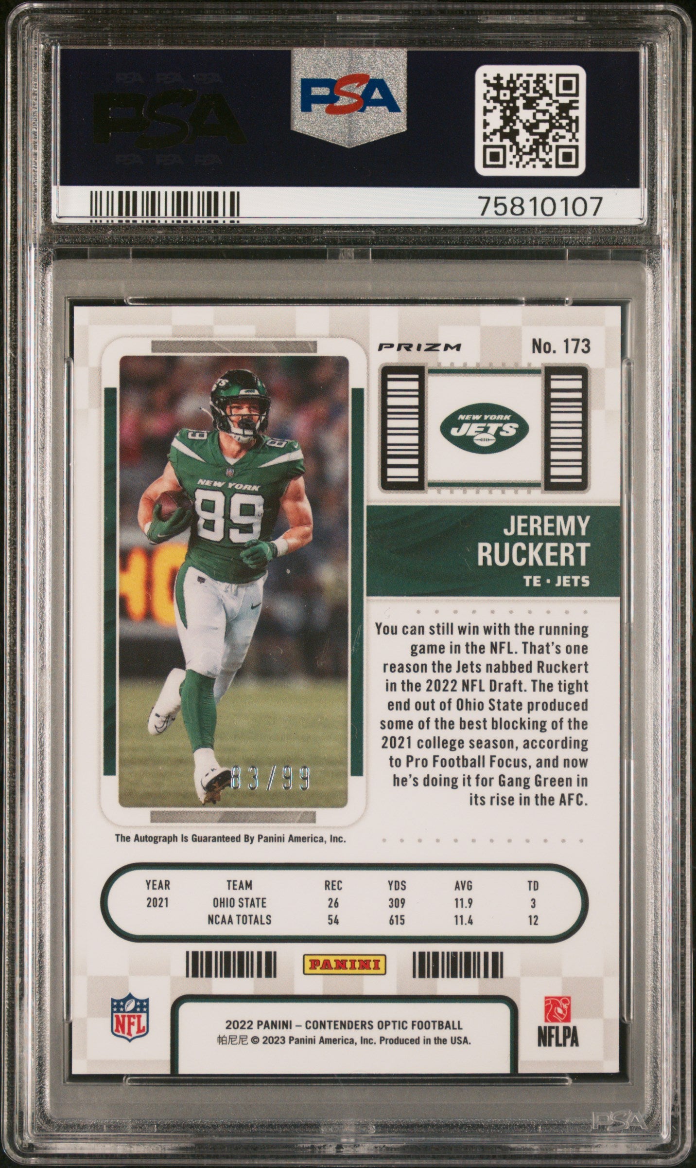 2022 Panini Contenders Optic Jeremy Ruckert #173 Autograph Teal PSA 9