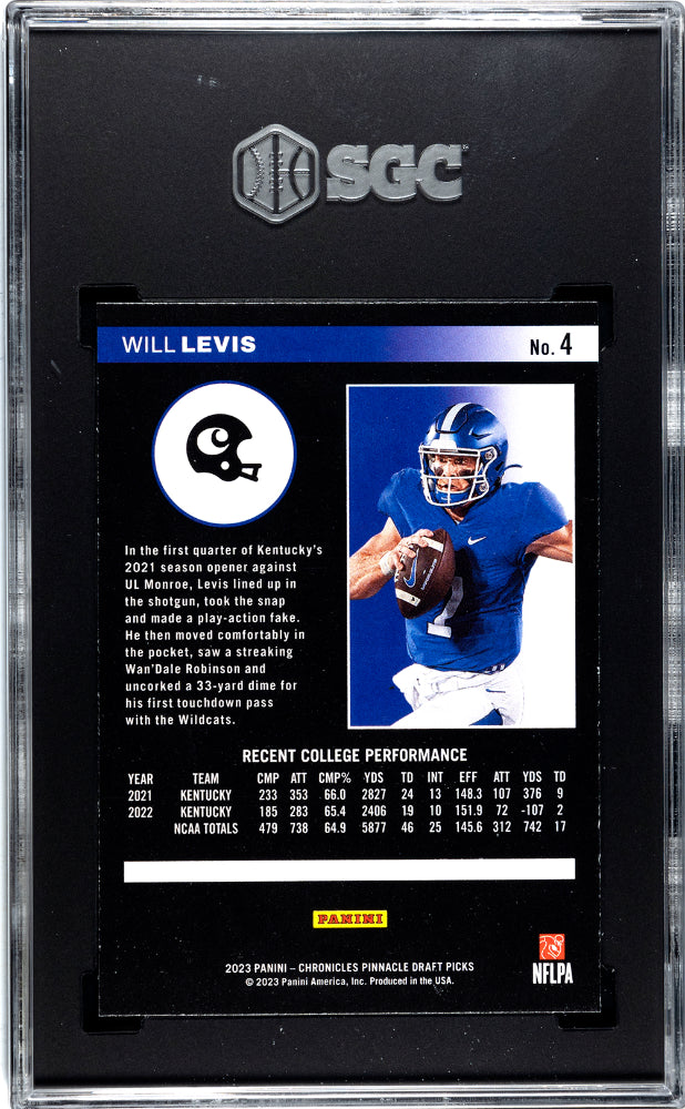 2023 Panini Chronicles Draft Picks Will Levis #4 Pinnacle Football SGC 9.5