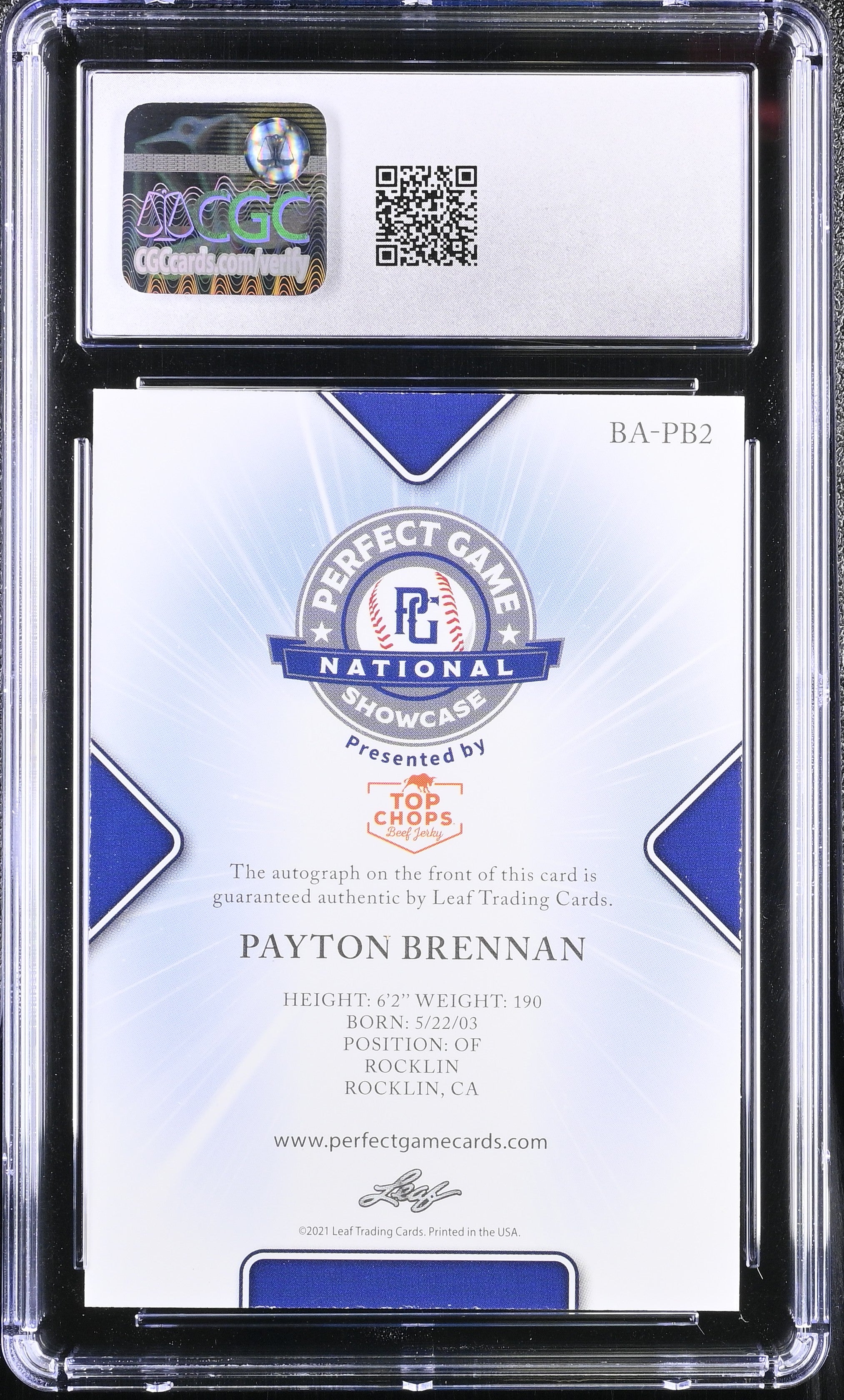 2021 Perfect Game Showcase Payton Brennan #BA-PB2 Yellow 10/20 Baseball CGC 8