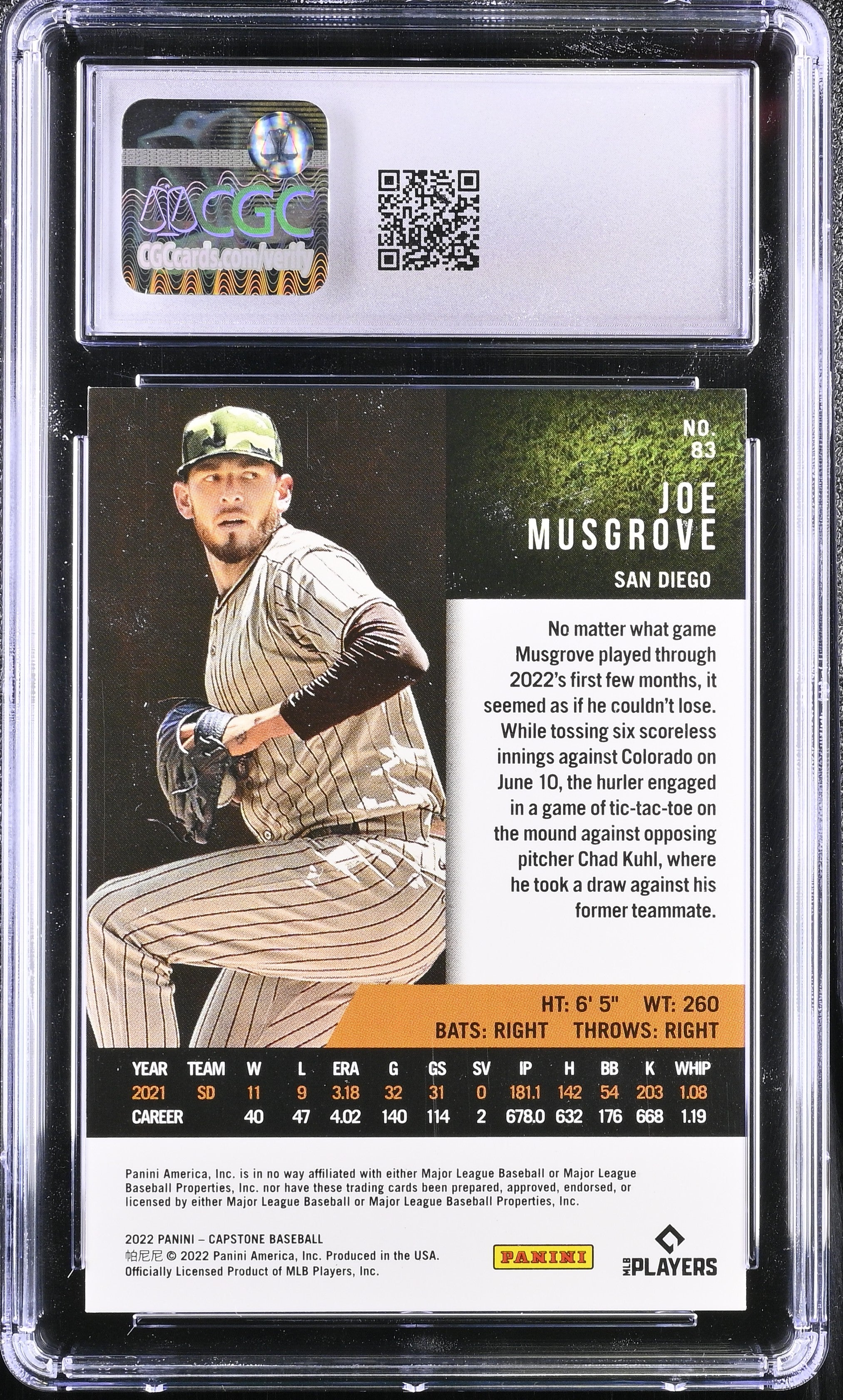 2022 Capstone Joe Musgrove #83 Holo Silver 01/99 Baseball CGC 8