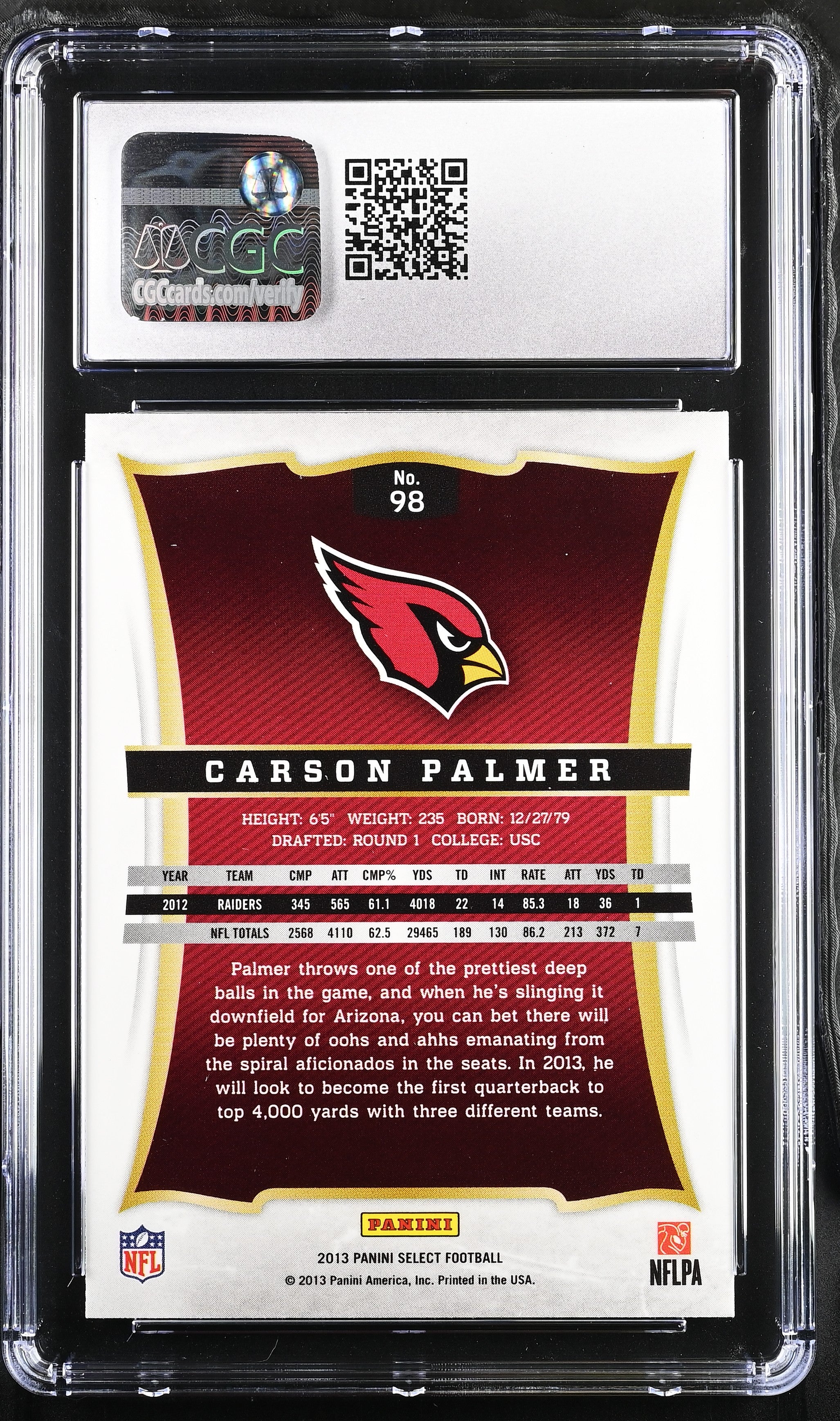 2013 Select Carson Palmer #98 Football CGC 7.5