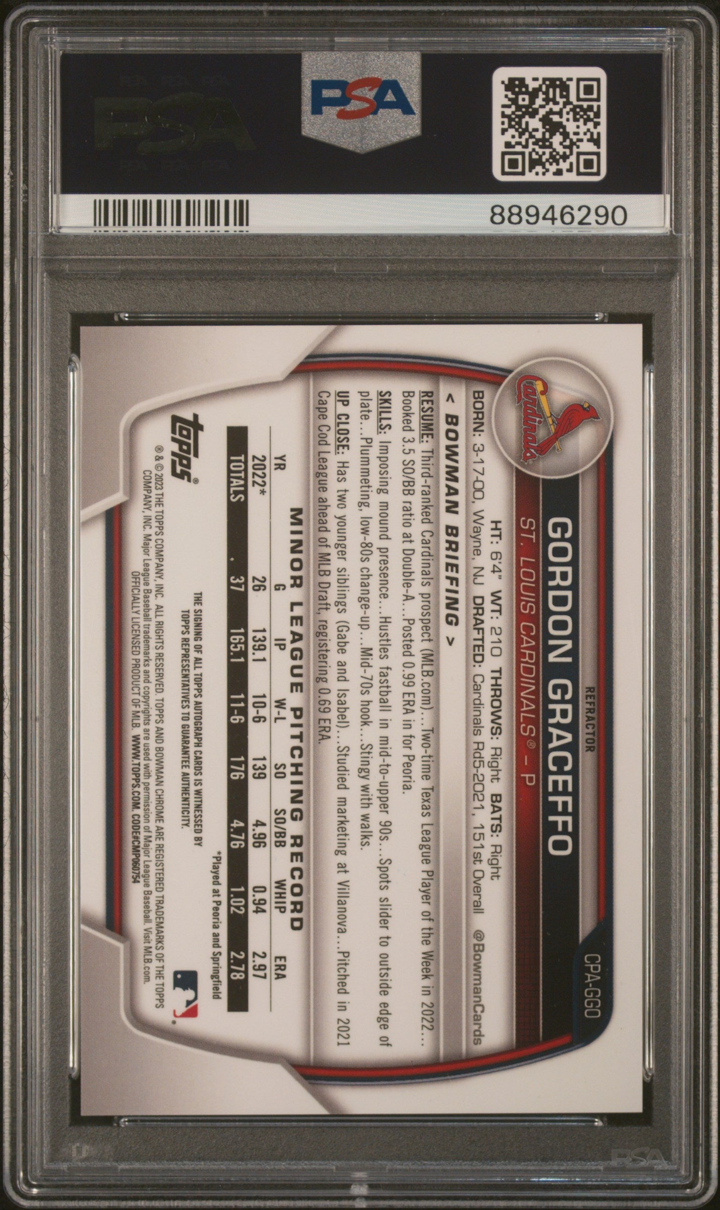 2023 Bowman Chrome Prospect Autographs Gordon Graceffo Refractor 017/499 PSA 9