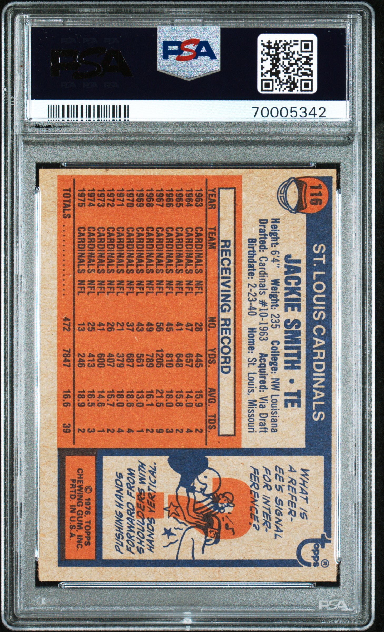 1976 Topps Jackie Smith #116 Football PSA 5