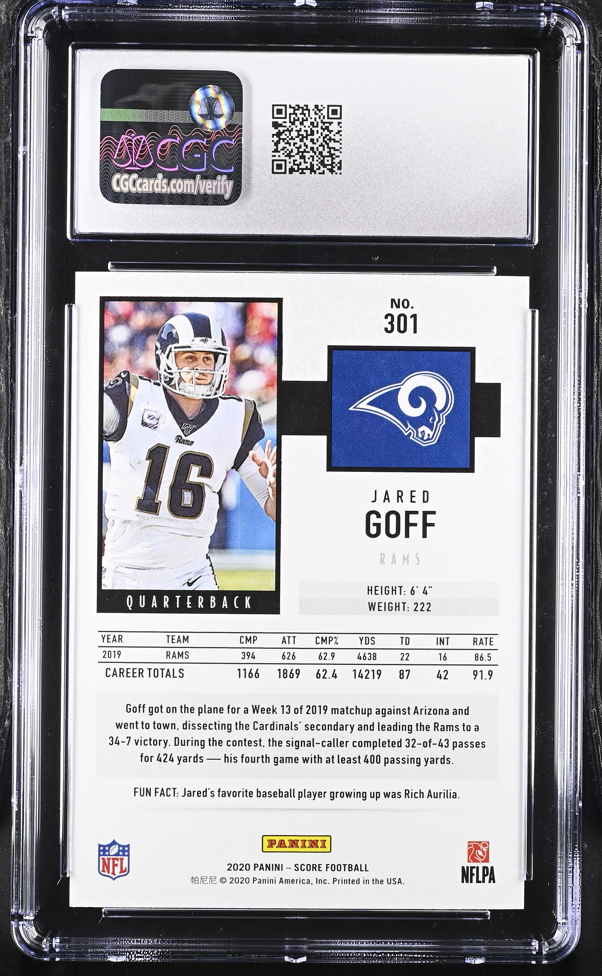 2020 Score Jared Goff #301 Football CGC 10