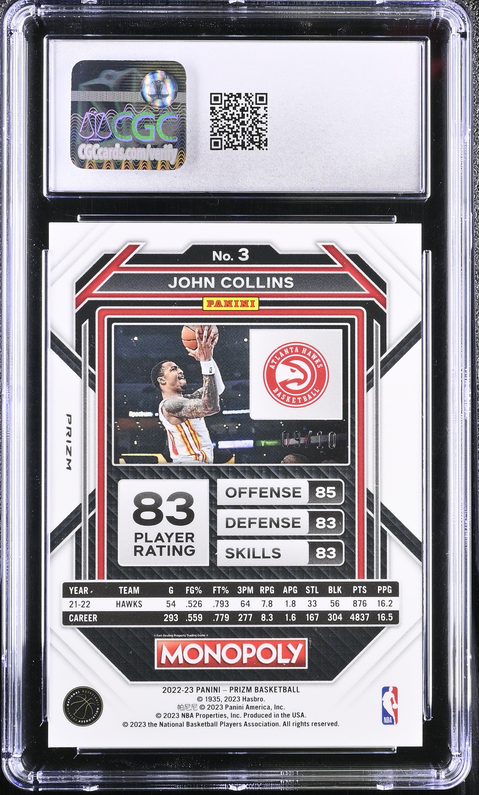 2022 Prizm Monopoly John Collins #3 Blue Money Shimmer Basketball CGC 10