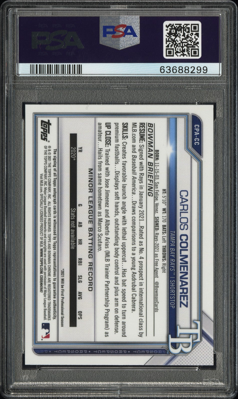 2021 Bowman Chrome Prospect Auto Carlos Colmenarez Purple Ref 249/250 PSA 10