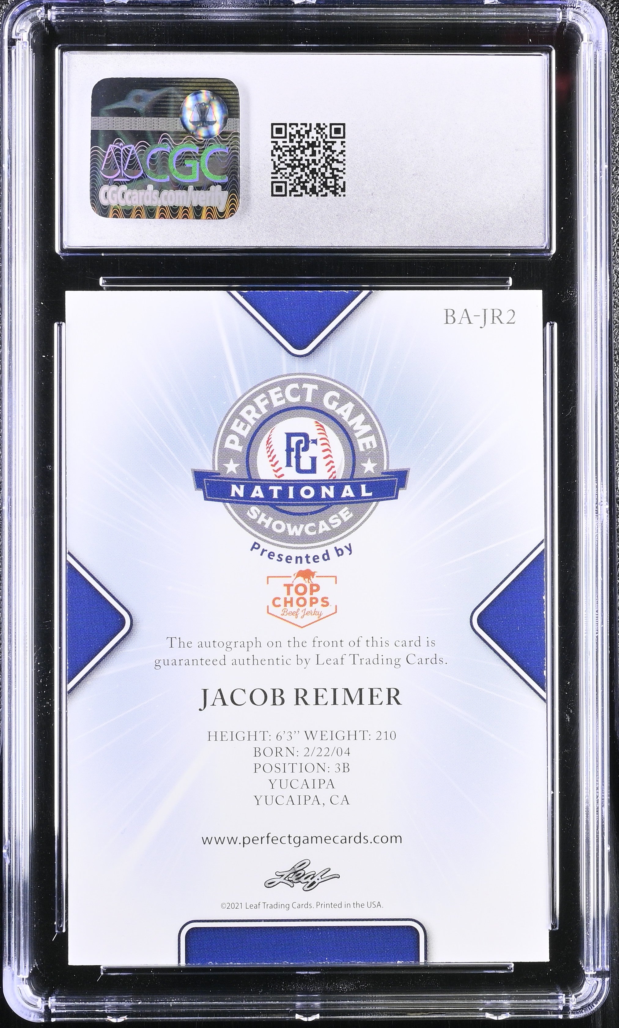 2021 Perfect Game Showcase Jacob Reimer #BA-JR2 Yellow 20/20 Baseball CGC 9