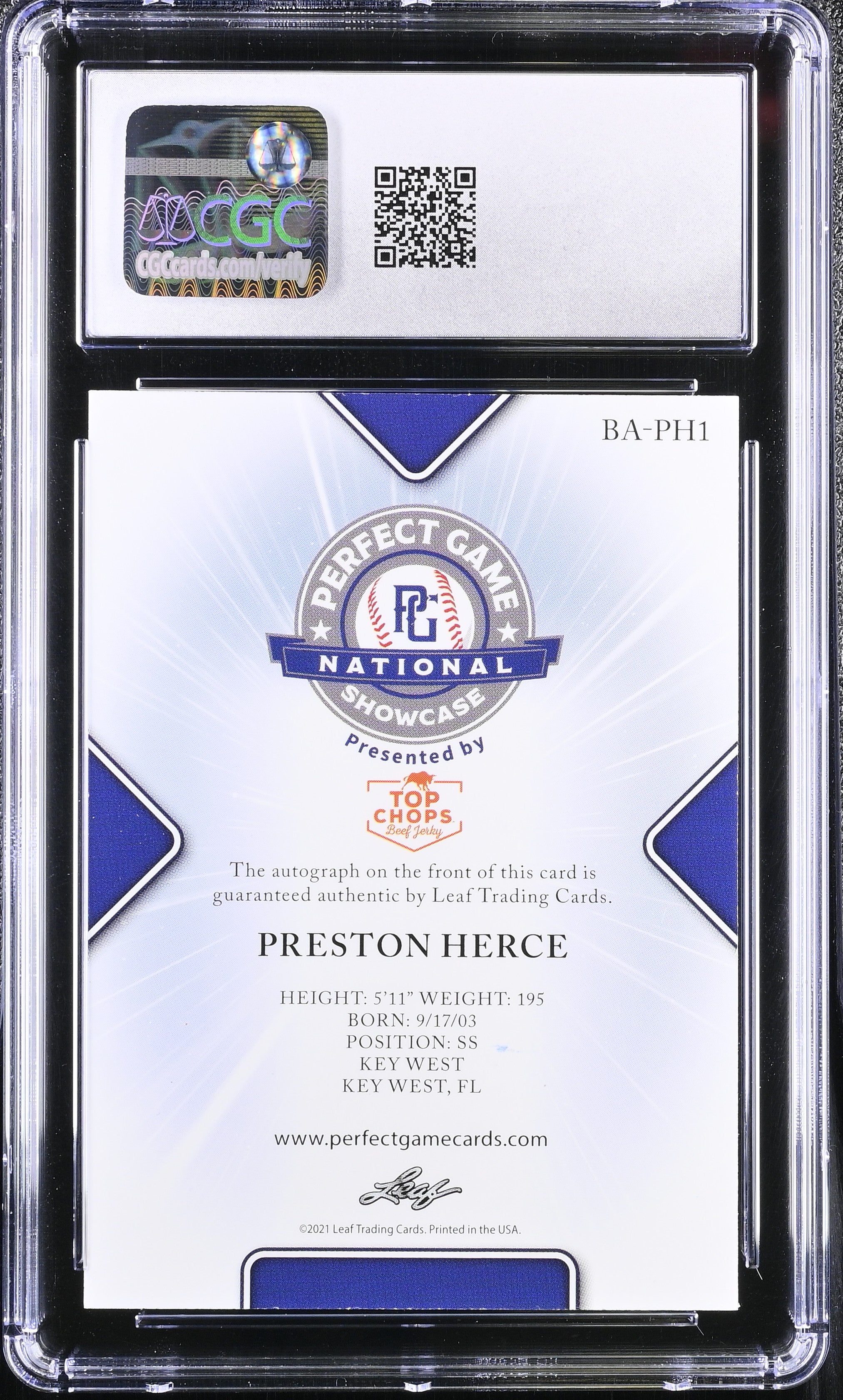 2021 Perfect Game Showcase Preston Herce #BA-PH1 Blue 4/15 Baseball CGC 10