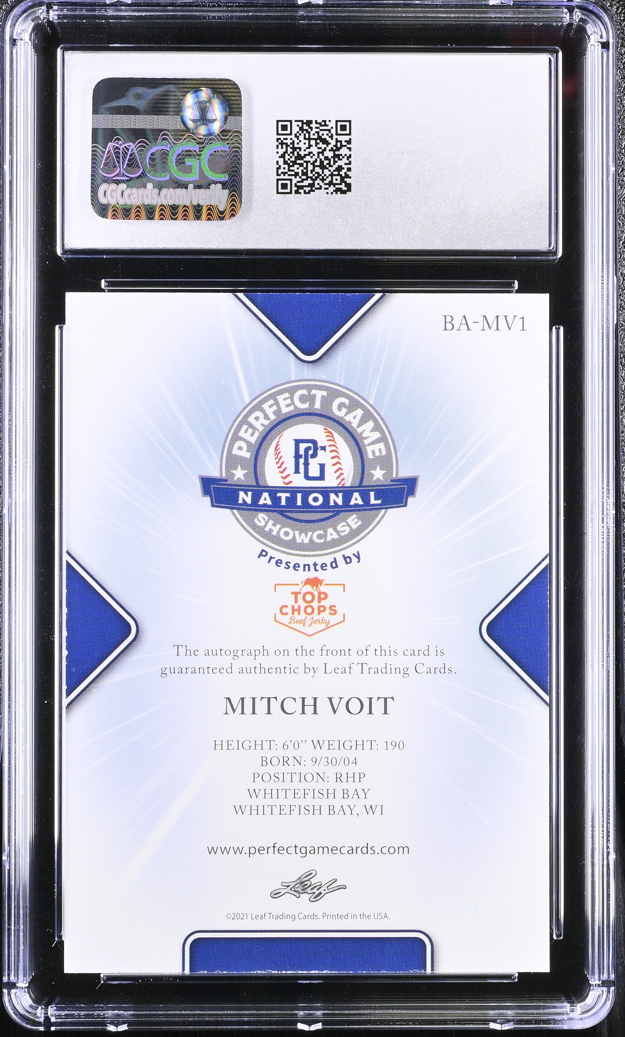 2021 Perfect Game Showcase Mitch Voit #BA-MV1 Yellow 15/20 Baseball CGC 9