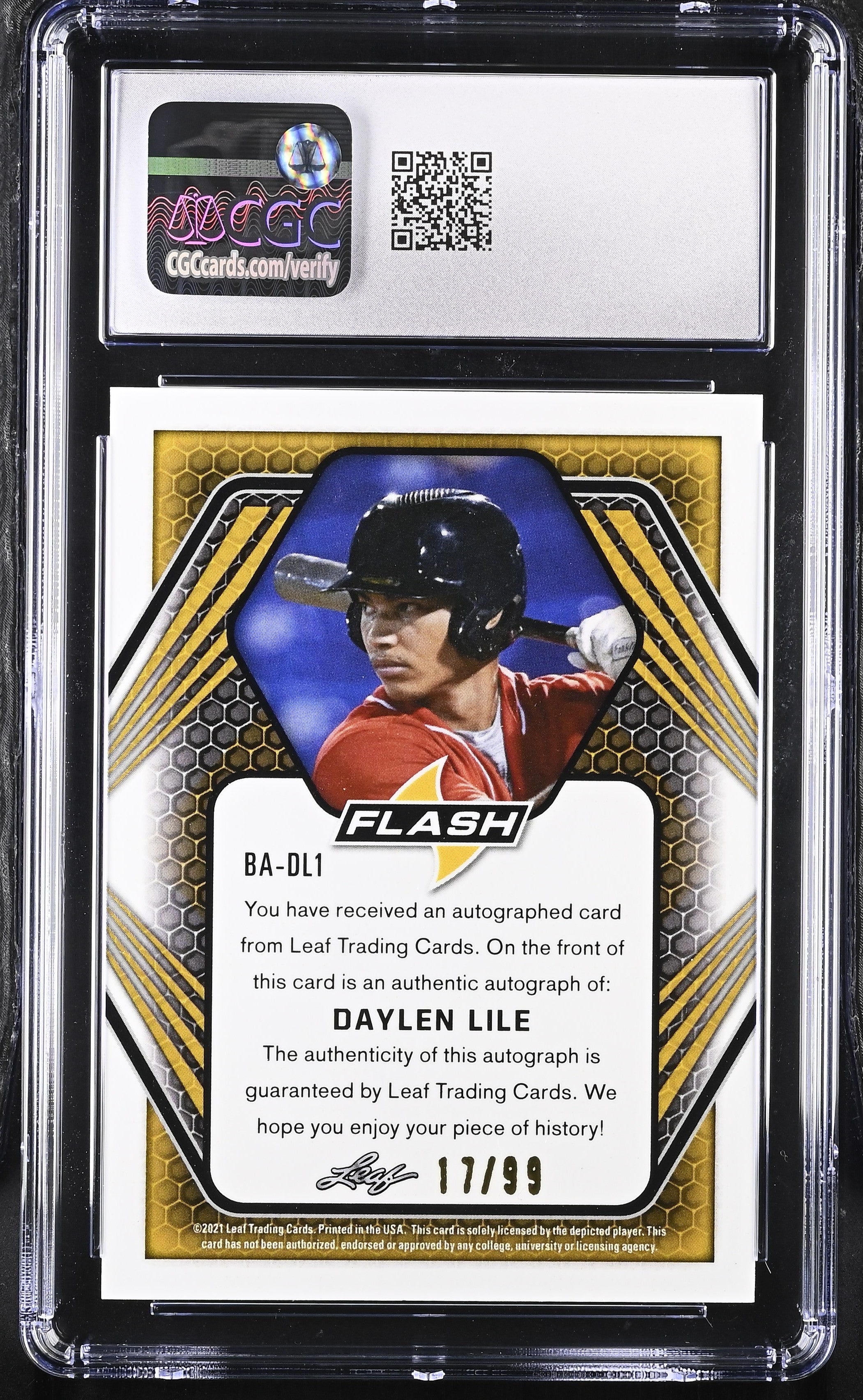 2021 Leaf Flash Daylen Lile #BA-DL1 Navy 17/99 Auto Baseball CGC 10