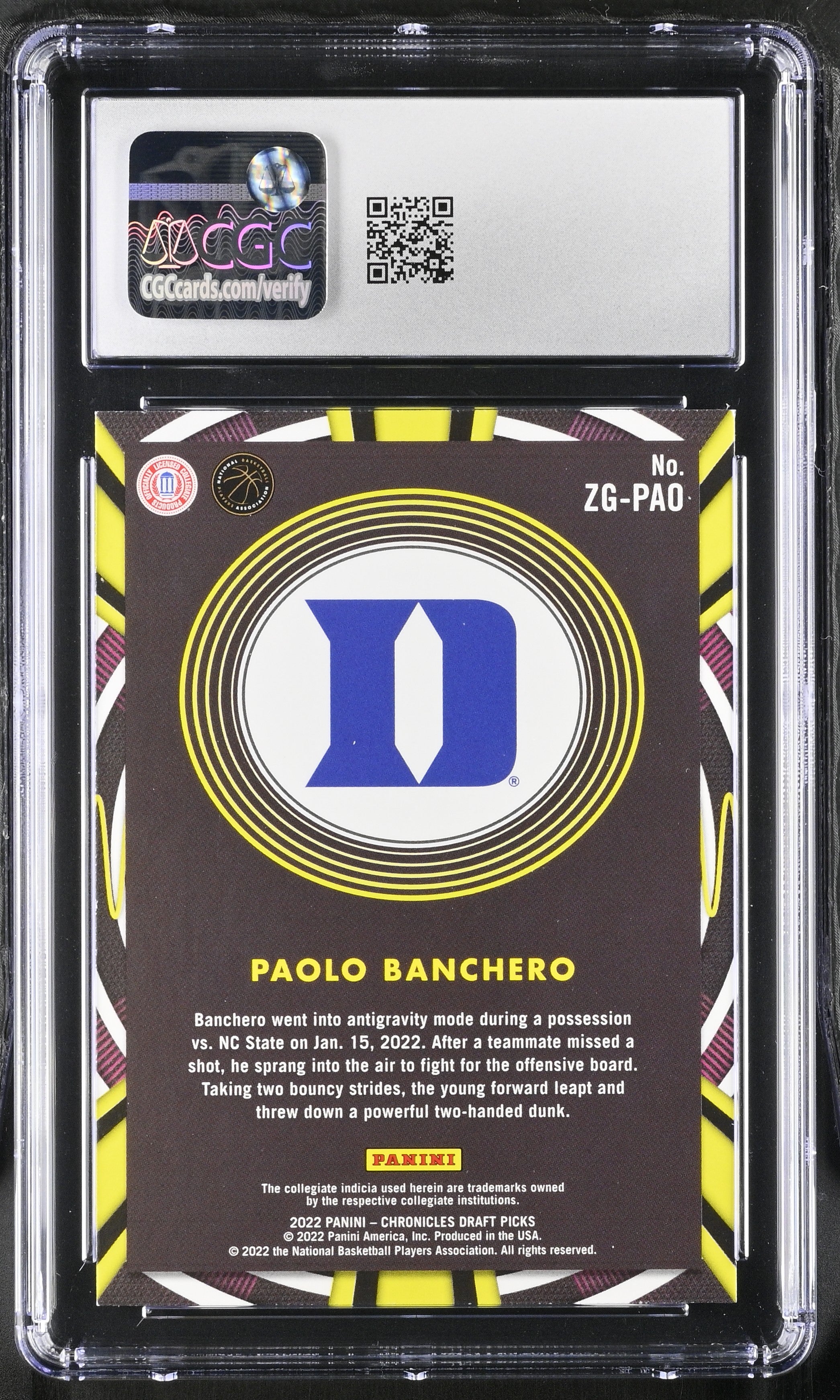 2022 Panini Chronicles Draft Picks Paolo Banchero #ZG-PAO Gamma Rays RC CGC 10