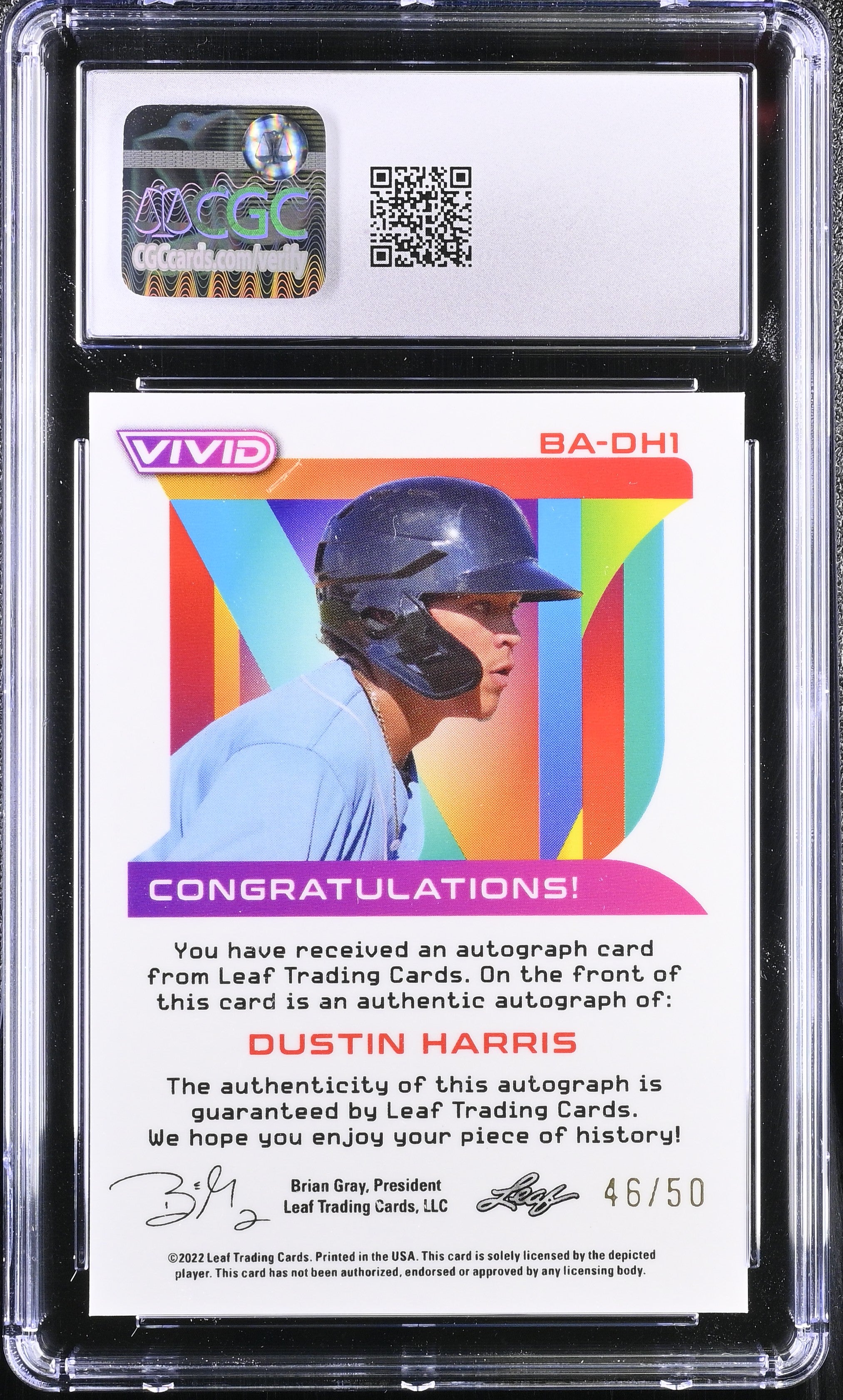 2022 Vivid Dustin Harris #BA-DH1 Yellow 46/50 Auto Baseball CGC 9