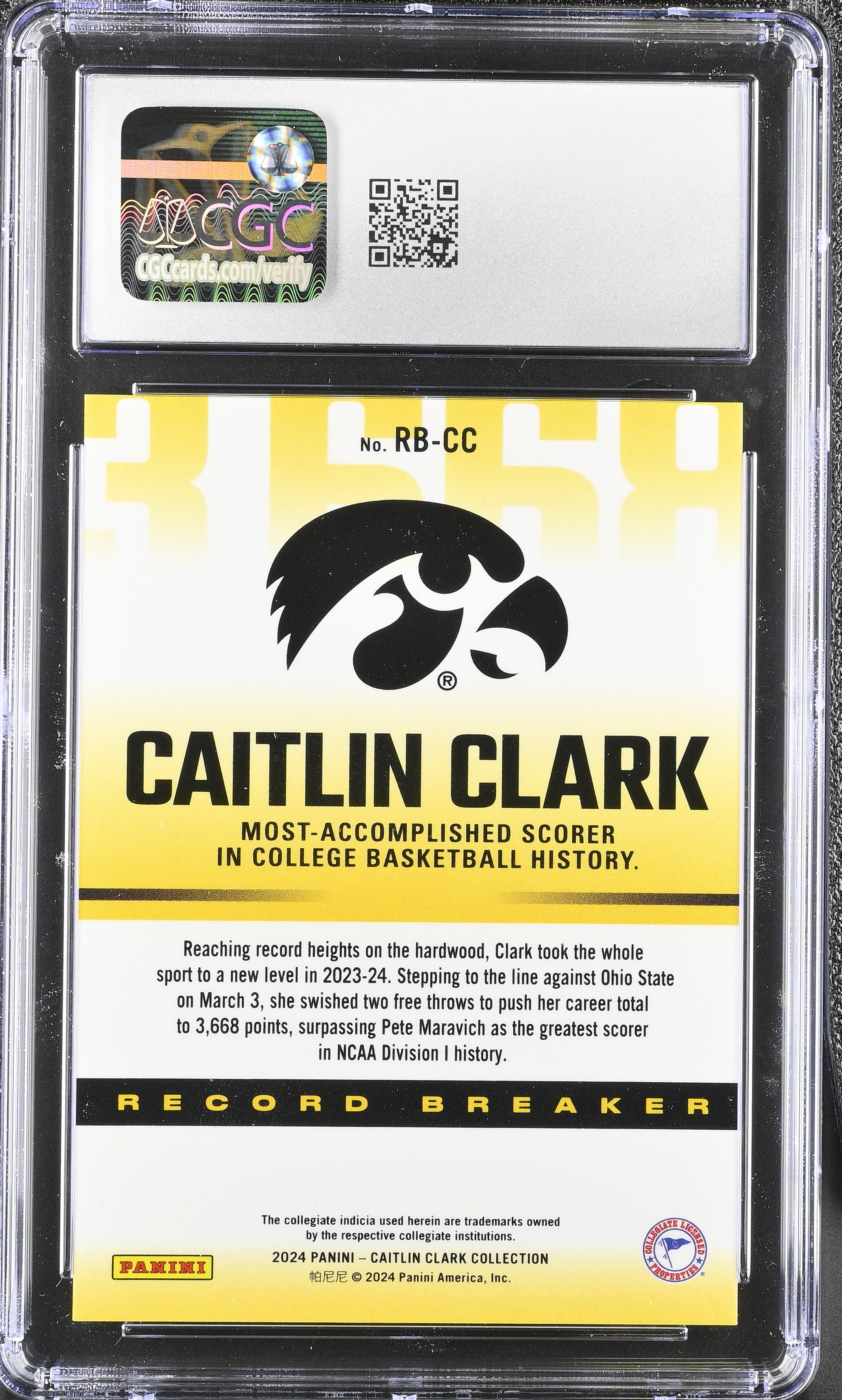 2024 Panini Caitlin Clark Collection Caitlin Clark #RB-CC Record Breaker CGC 10