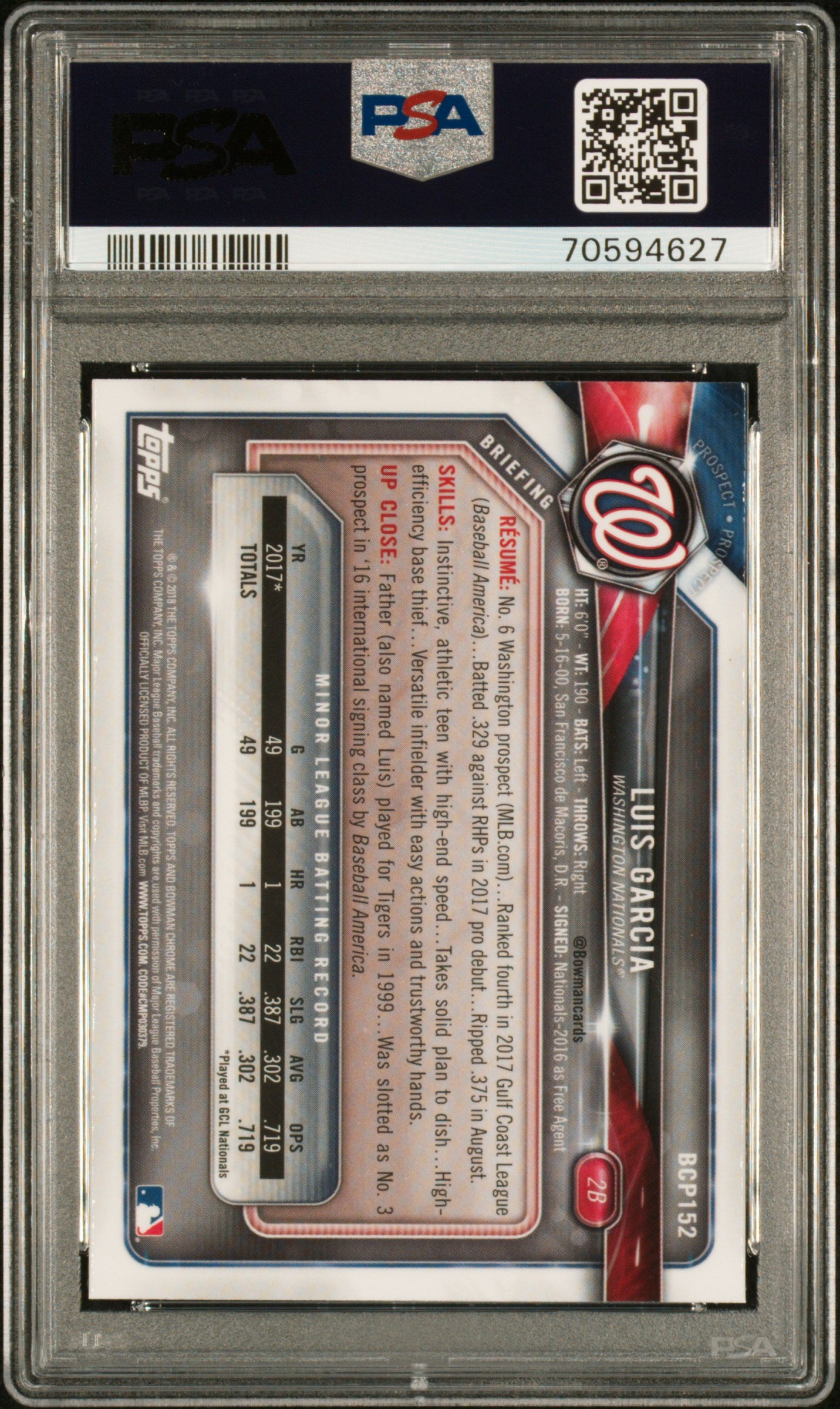 2018 Bowman Chrome Prospects Luis Garcia #BCP152 Baseball PSA 9