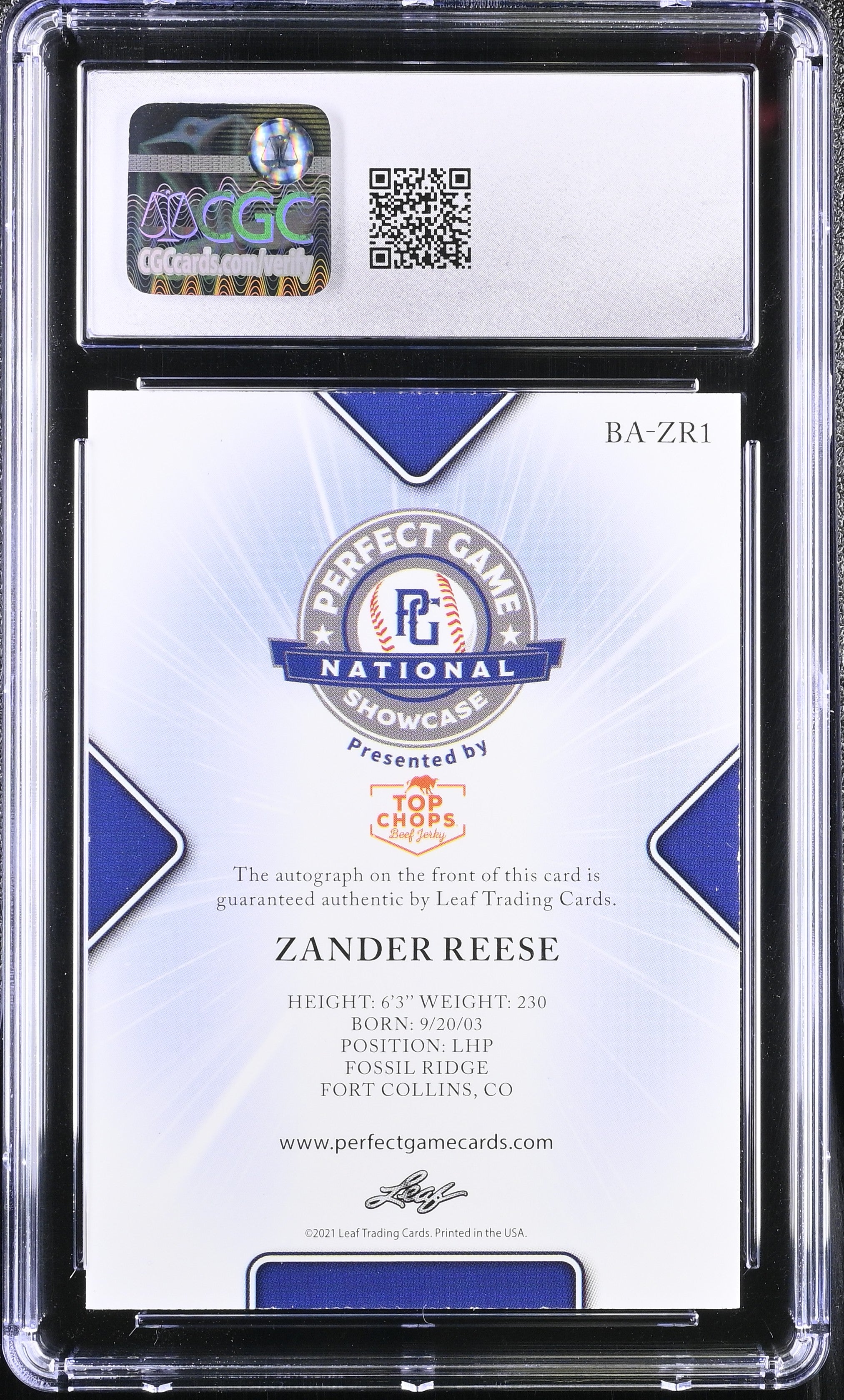 2021 Perfect Game Showcase Zander Reese #BA-ZR1 Orange 27/30 Baseball CGC 9