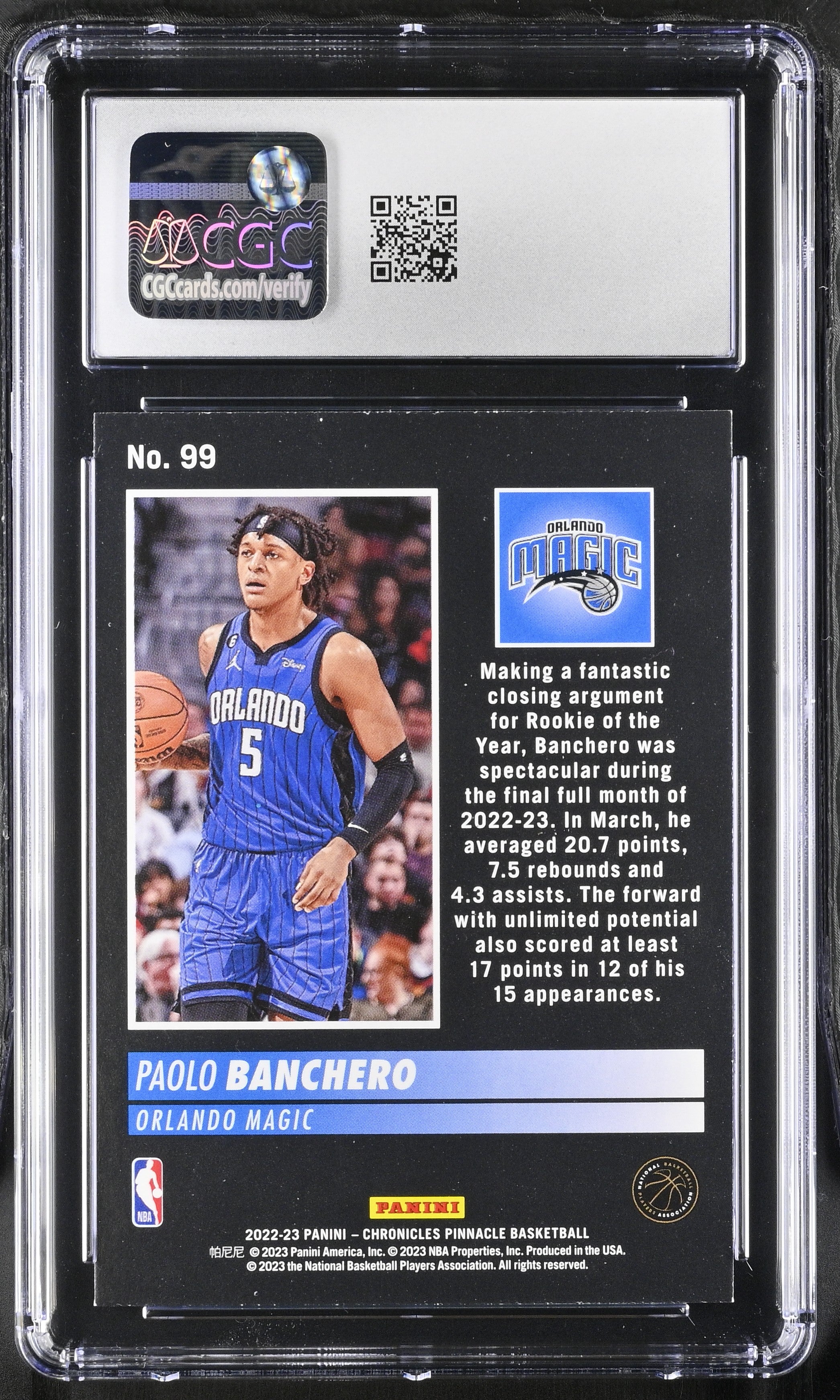 2022-23 Panini Chronicles Paolo Banchero #99 Pinnacle RC Basketball CGC 9