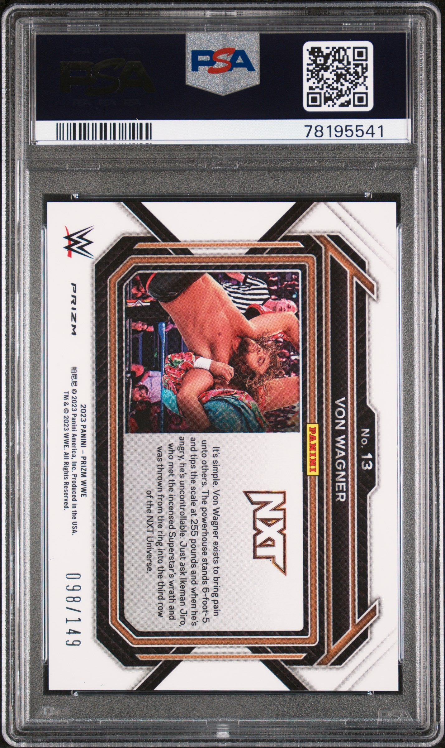 2023 Panini Prizm WWE Von Wagner #13 Purple Prizm 098/149 PSA 9