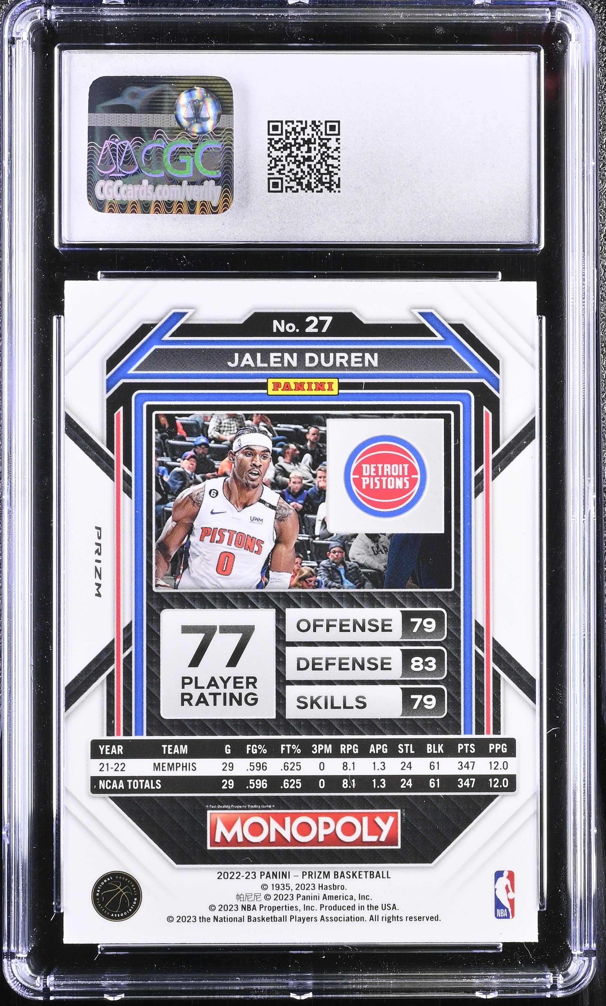 2022 Prizm Monopoly Jalen Duren #27 Free Parking Basketball CGC 9